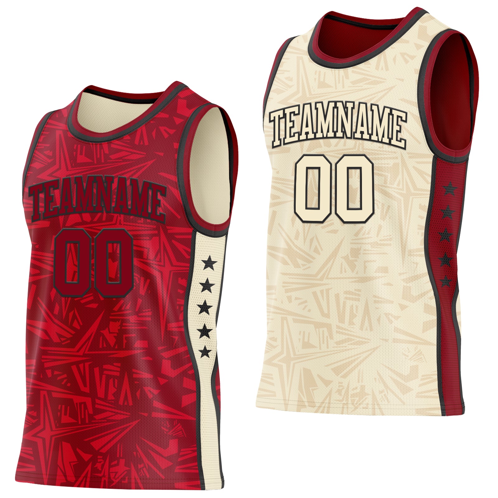 Custom Maroon Black-Cream Side Panel Stripe Stars Geometric Shatter Starburst Reversible Double Side Sublimation Basketball Set Jersey