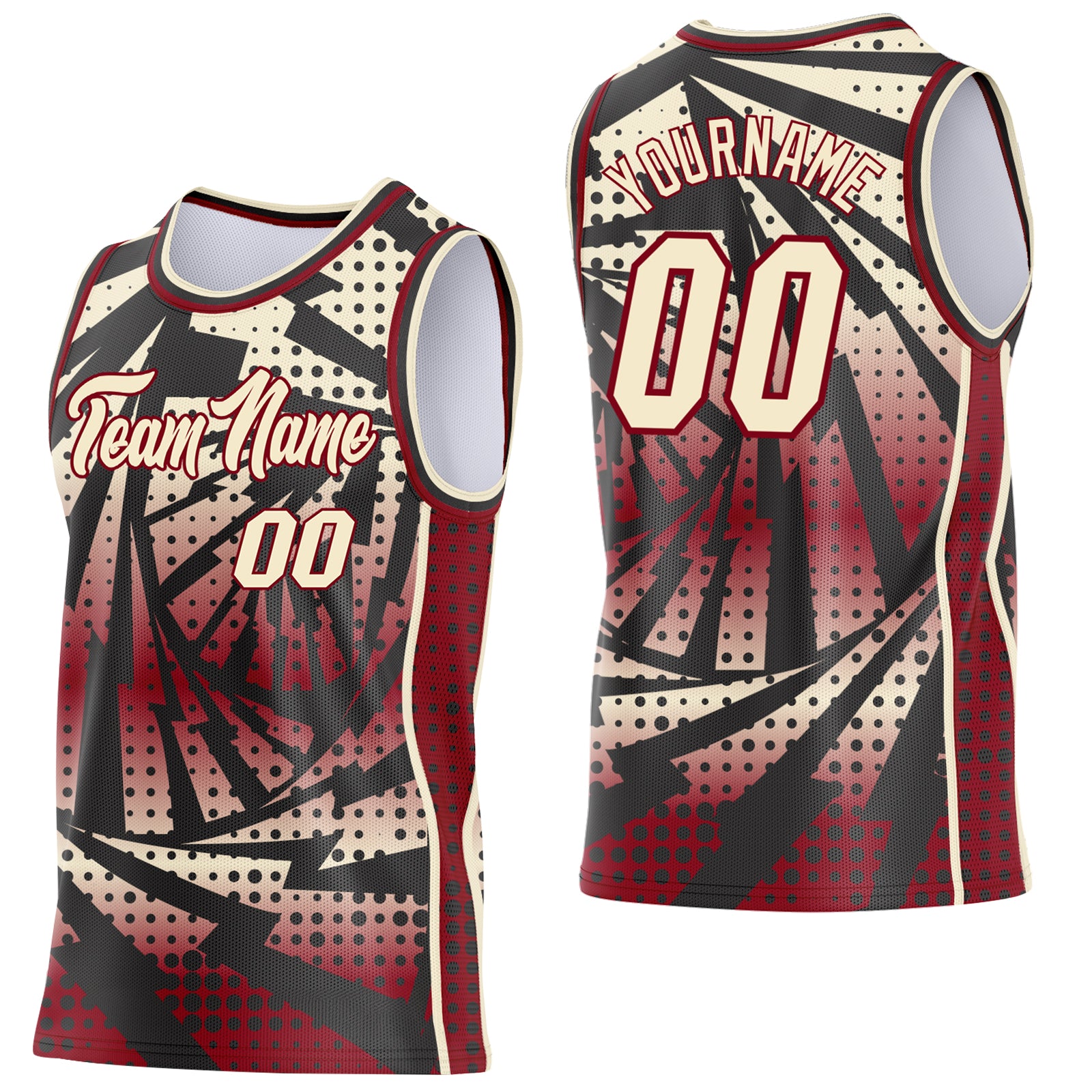 Custom Maroon Cream-Black Lightning Gradient Dot Side Panel Stripe Round Neck Sublimation Basketball Set Jersey