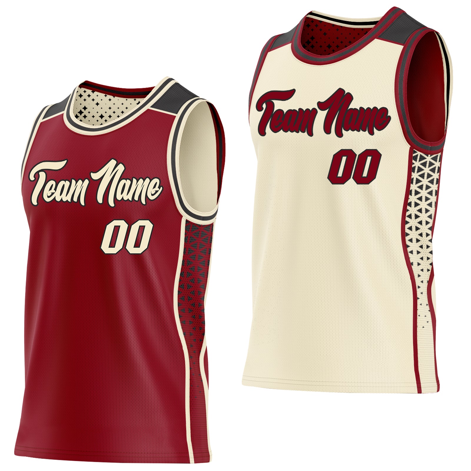 Custom Maroon Cream-Black Side Panel Stripe Geometric Triangle Gradient Dot Reversible Double Side Sublimation Basketball Set Jersey