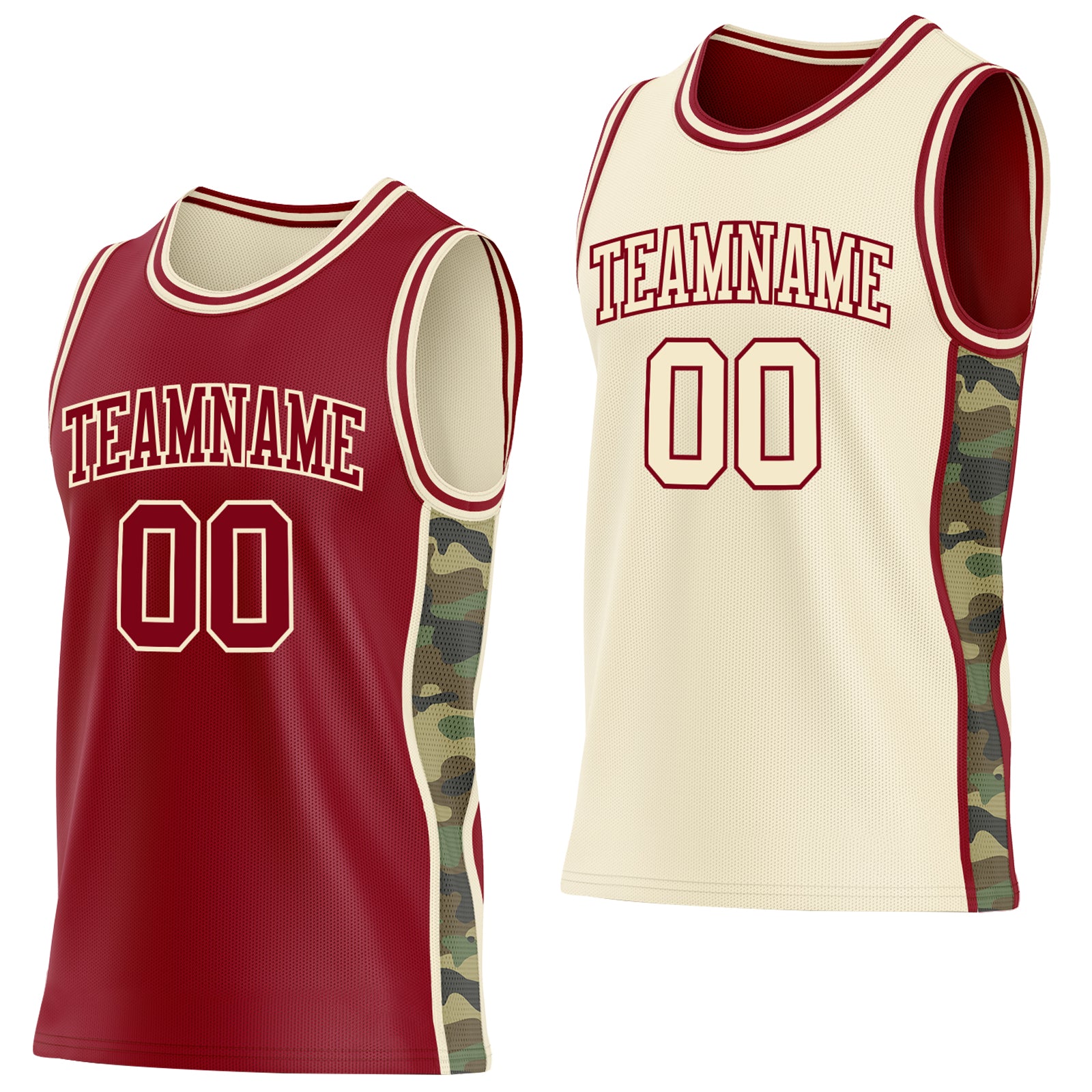 Custom Maroon-Cream Camo Side Panel Stripe Reversible Double Side Sublimation Basketball Set Jersey