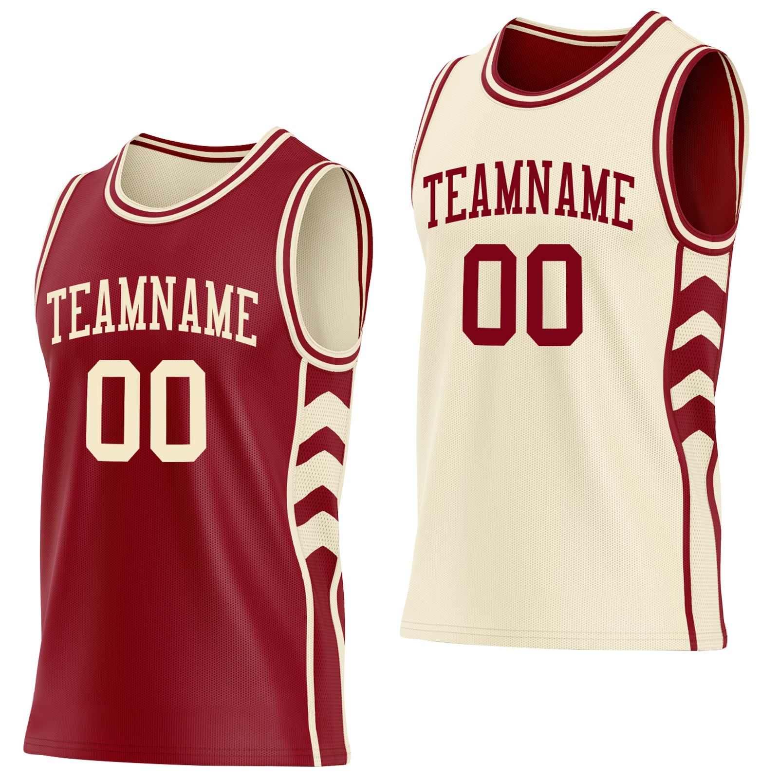 Custom Maroon-Cream Side Panel Geometric Chevron Reversible Double Side Sublimation Basketball Set Jersey