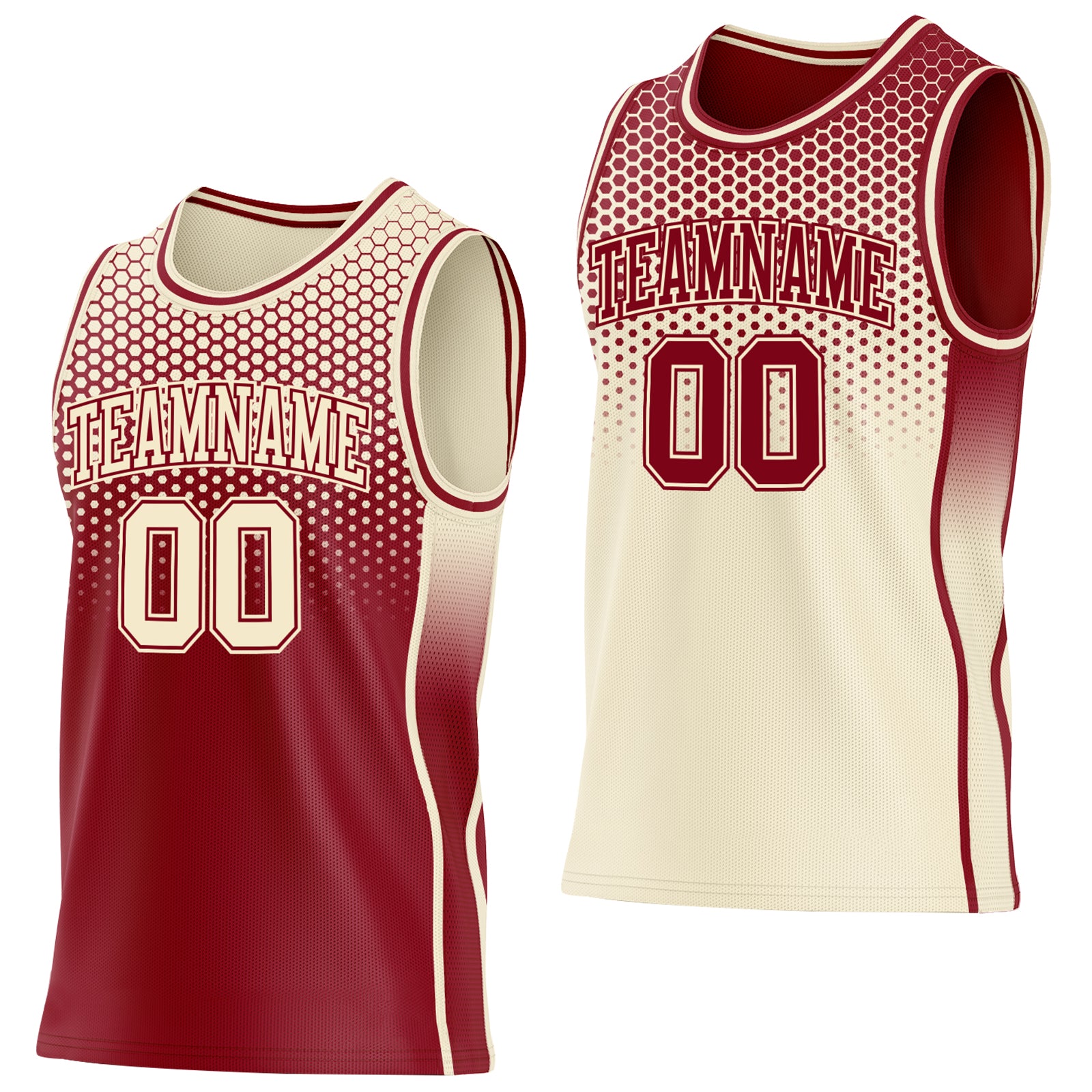 Custom Maroon-Cream Side Panel Stripe Gradient Geometric Honeycomb Reversible Double Side Sublimation Basketball Set Jersey