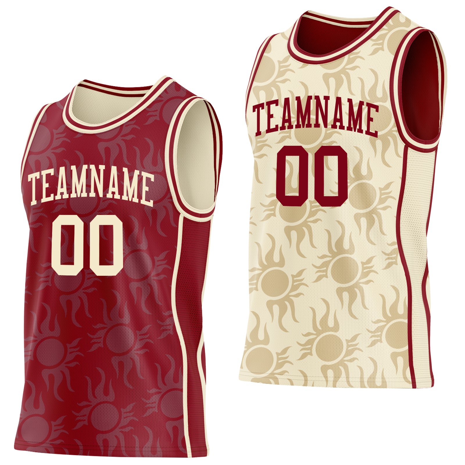 Custom Maroon-Cream Side Panel Stripe Sun Flame Reversible Double Side Sublimation Basketball Set Jersey