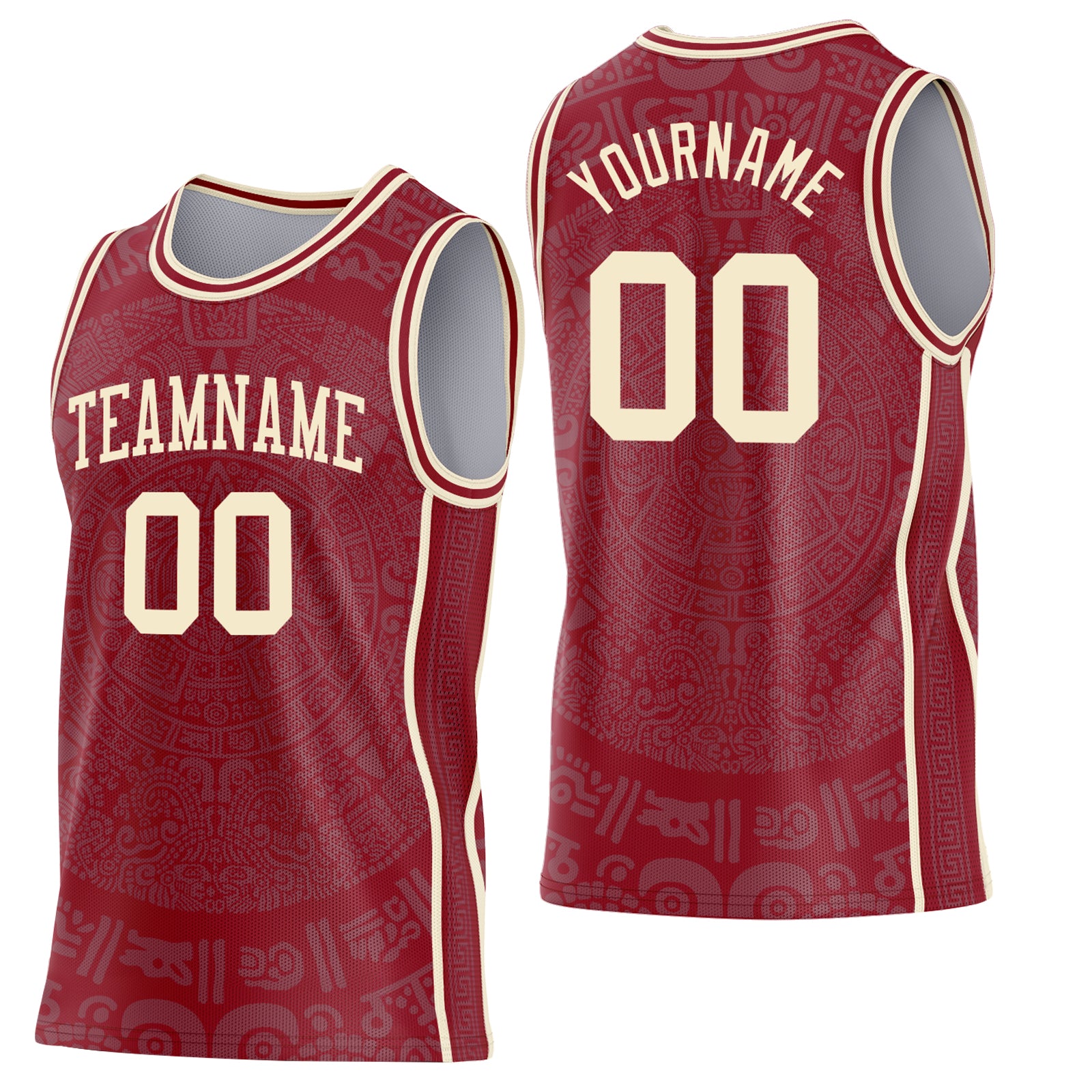 Custom Maroon-Cream Tribal Ethnic Aztec Sun Stone Side Panel Stripe Round Neck Sublimation Basketball Set Jersey