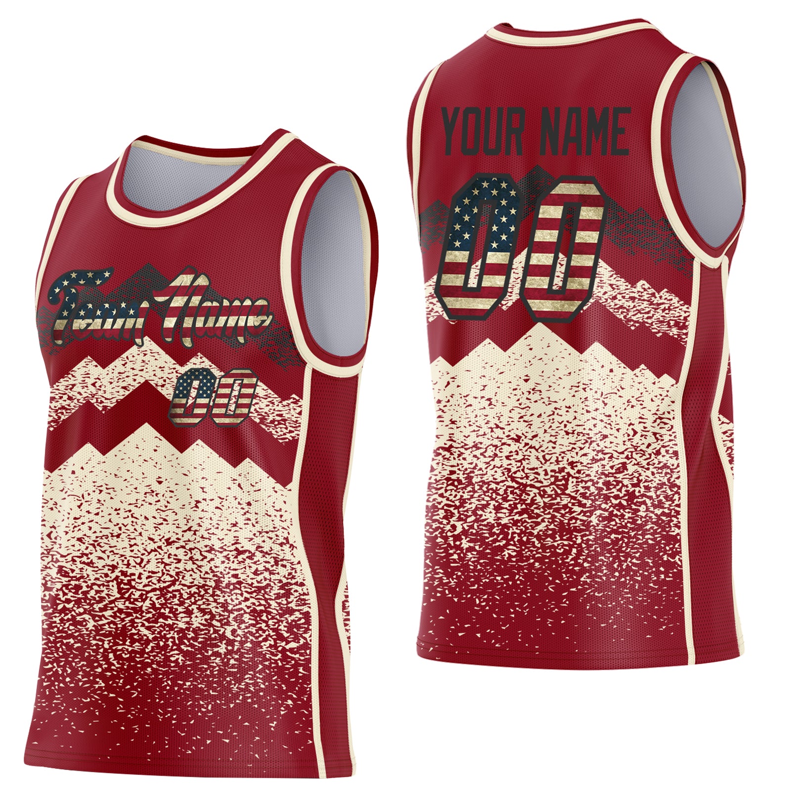 Custom Maroon Vintage USA Flag Cream-Black Mountain Peak Shards Side Panel Stripe Round Neck Sublimation Basketball Set Jersey