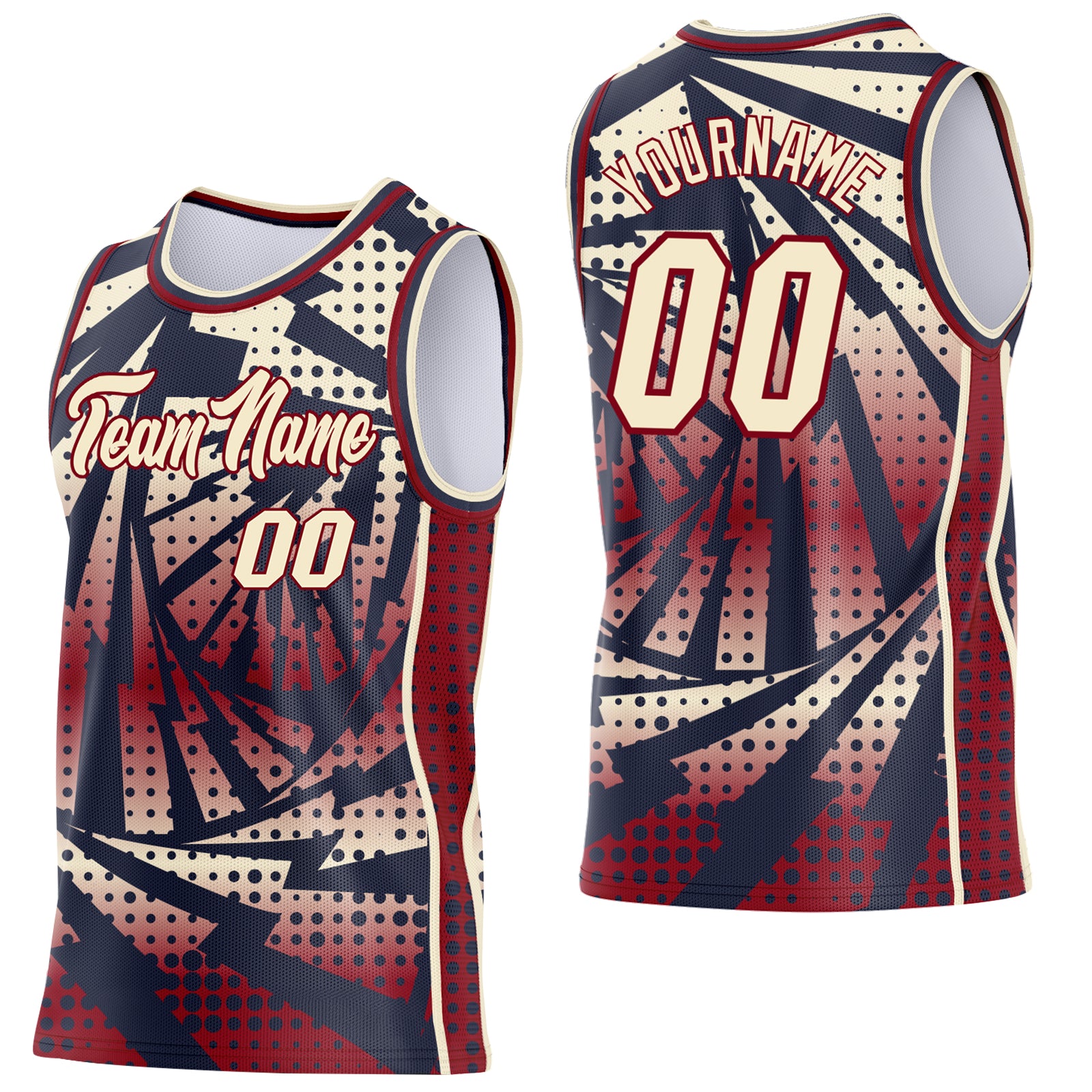 Custom Navy Cream-Maroon Lightning Gradient Dot Side Panel Stripe Round Neck Sublimation Basketball Set Jersey