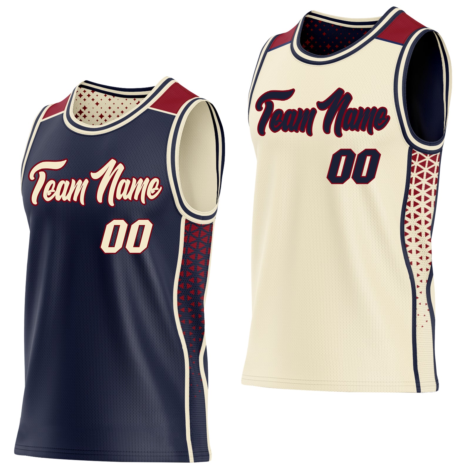 Custom Navy Cream-Maroon Side Panel Stripe Geometric Triangle Gradient Dot Reversible Double Side Sublimation Basketball Set Jersey