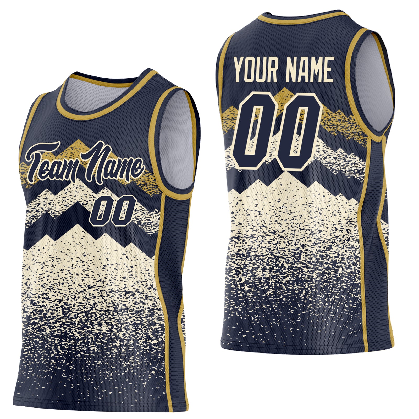 Custom Navy Cream-Old Gold Mountain Peak Shards Side Panel Stripe Round Neck Sublimation Basketball Set Jersey
