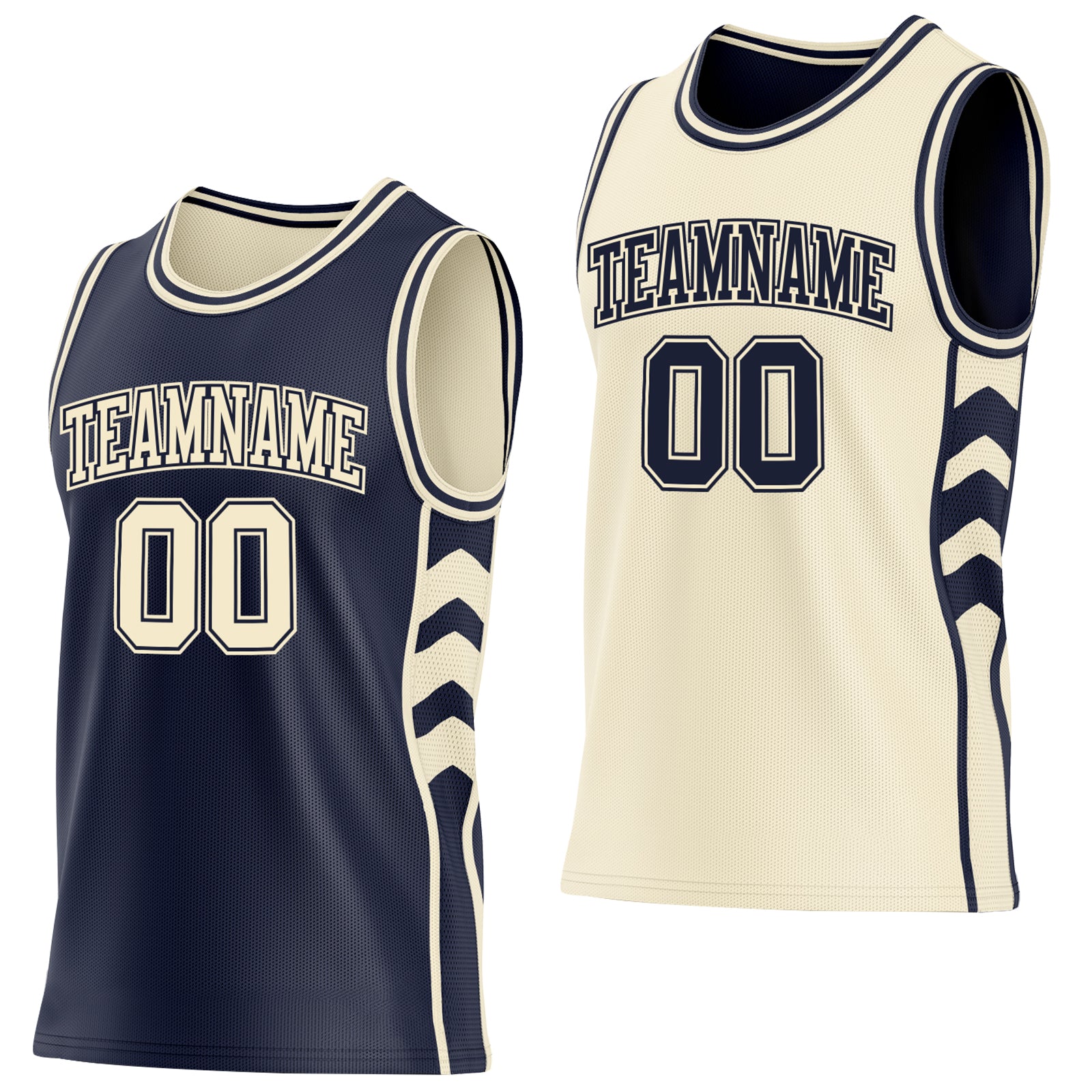 Custom Navy-Cream Side Panel Geometric Chevron Reversible Double Side Sublimation Basketball Set Jersey