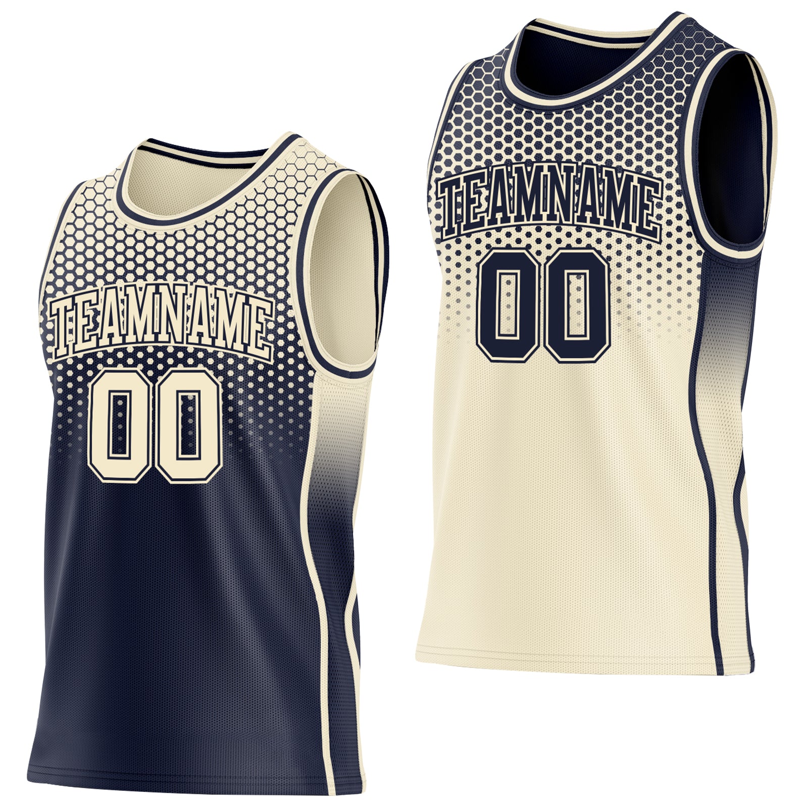 Custom Navy-Cream Side Panel Stripe Gradient Geometric Honeycomb Reversible Double Side Sublimation Basketball Set Jersey