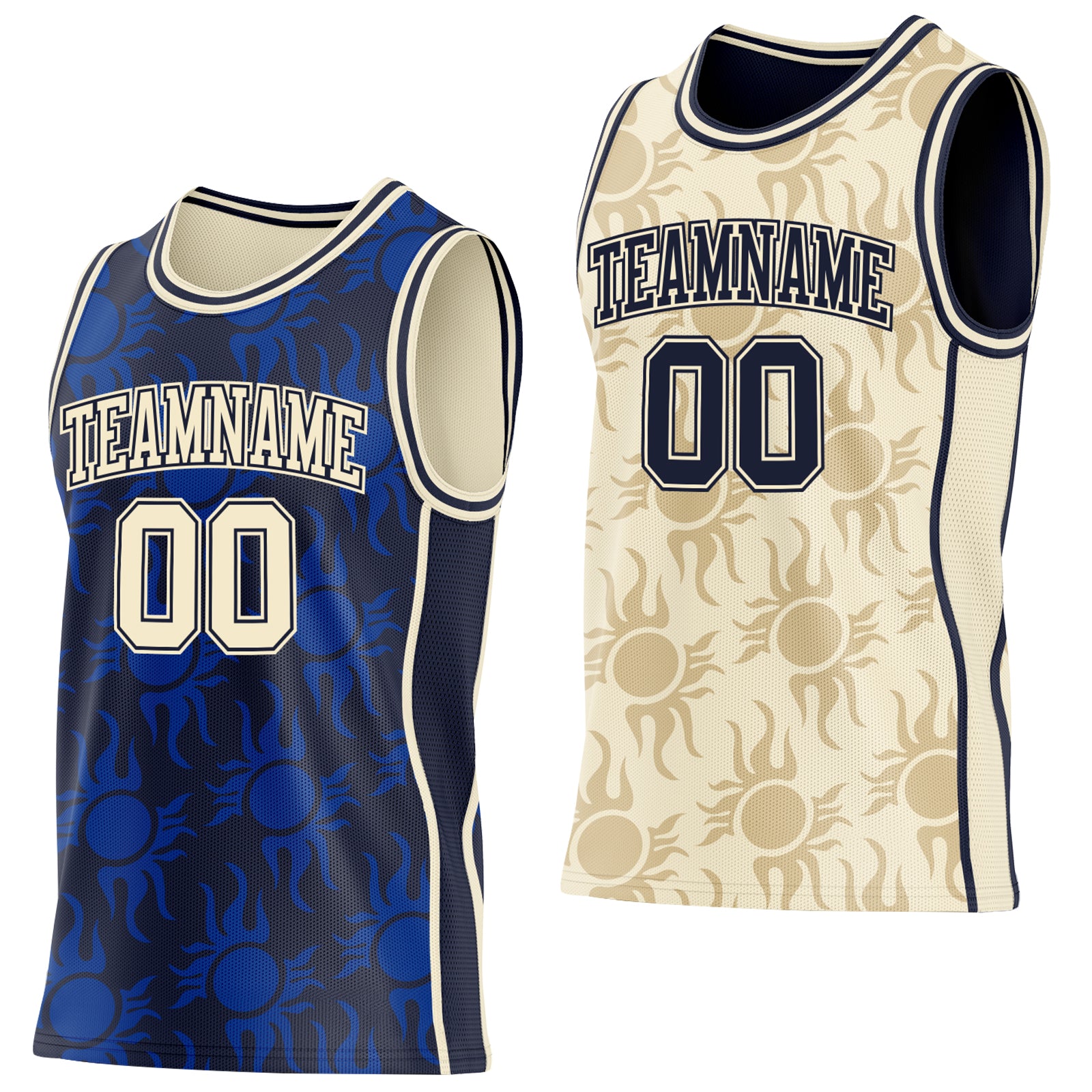 Custom Navy-Cream Side Panel Stripe Sun Flame Reversible Double Side Sublimation Basketball Set Jersey