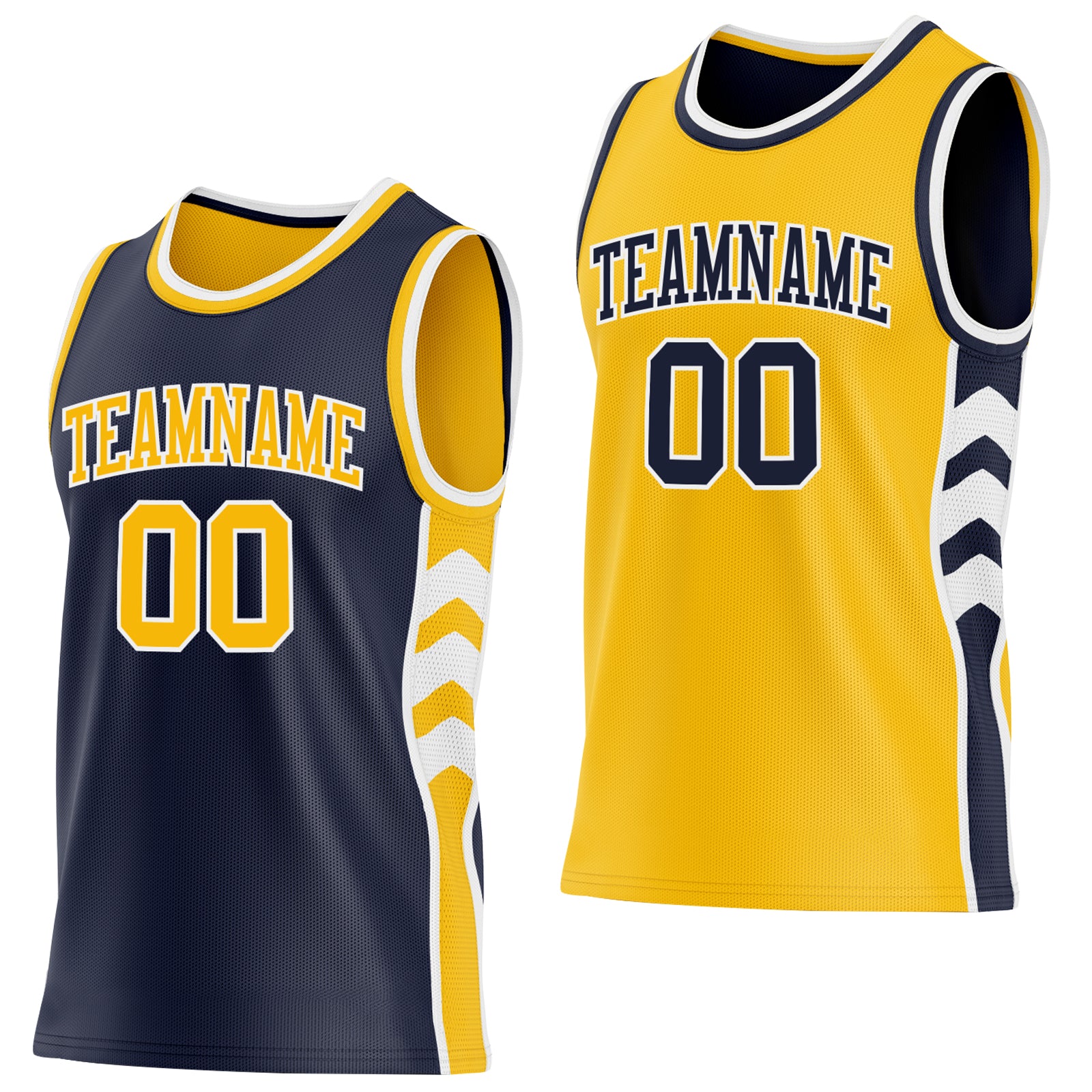 Custom Navy Gold-White Side Panel Geometric Chevron Reversible Double Side Sublimation Basketball Set Jersey