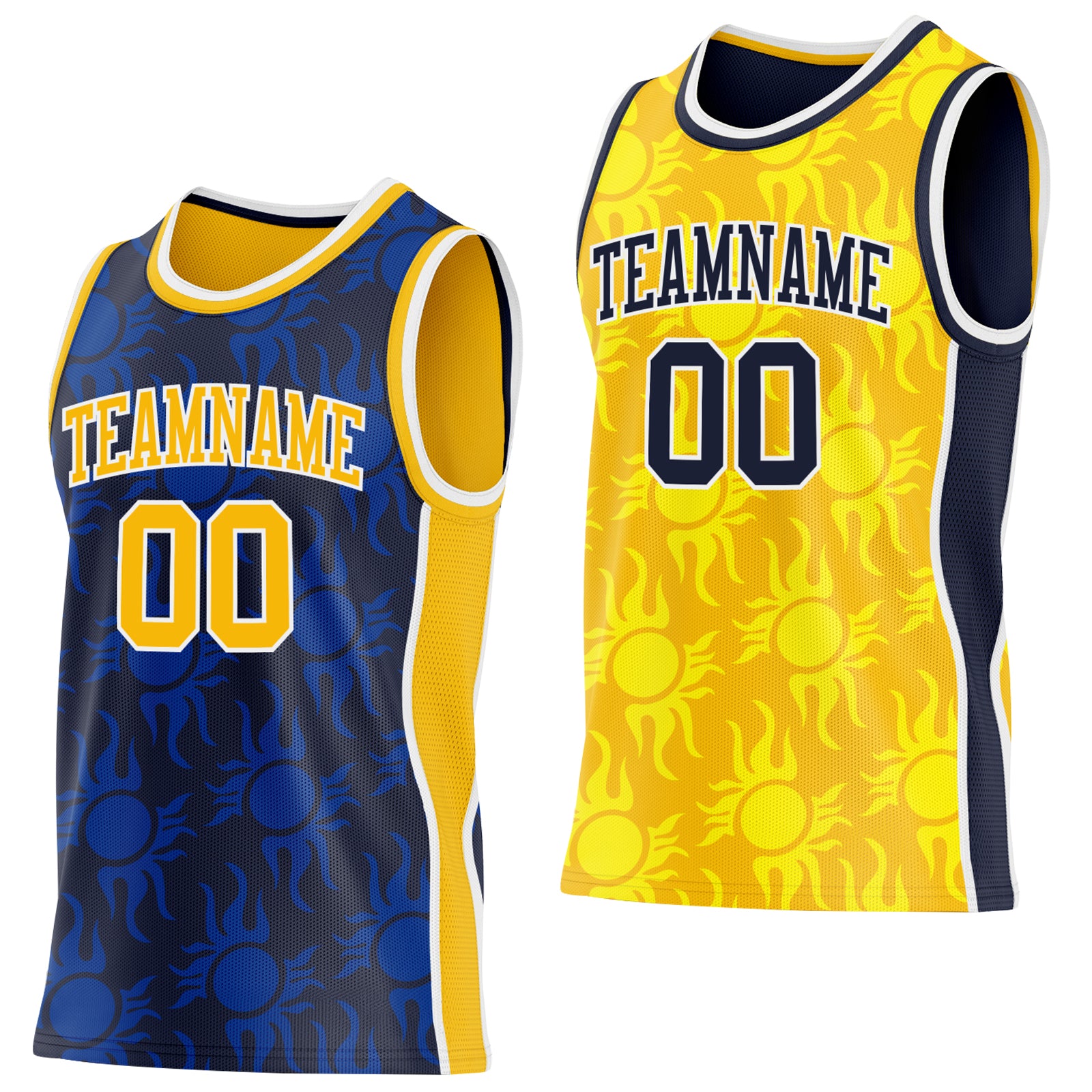 Custom Navy Gold-White Side Panel Stripe Sun Flame Reversible Double Side Sublimation Basketball Set Jersey