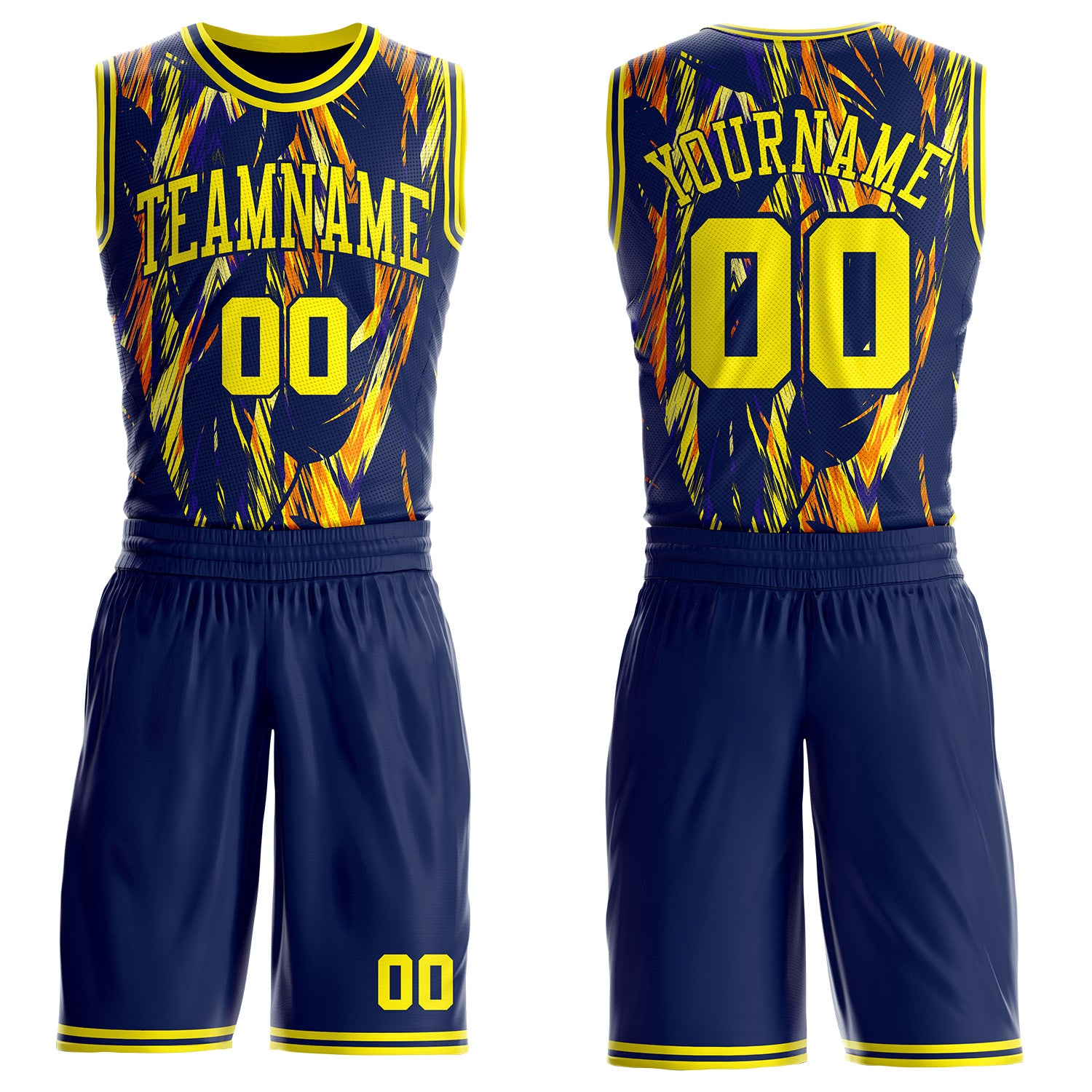 Custom Navy-Light Yellow Wing Brush Stroke Boho Style Round Neck Sublimation Basketball Uniform Jersey