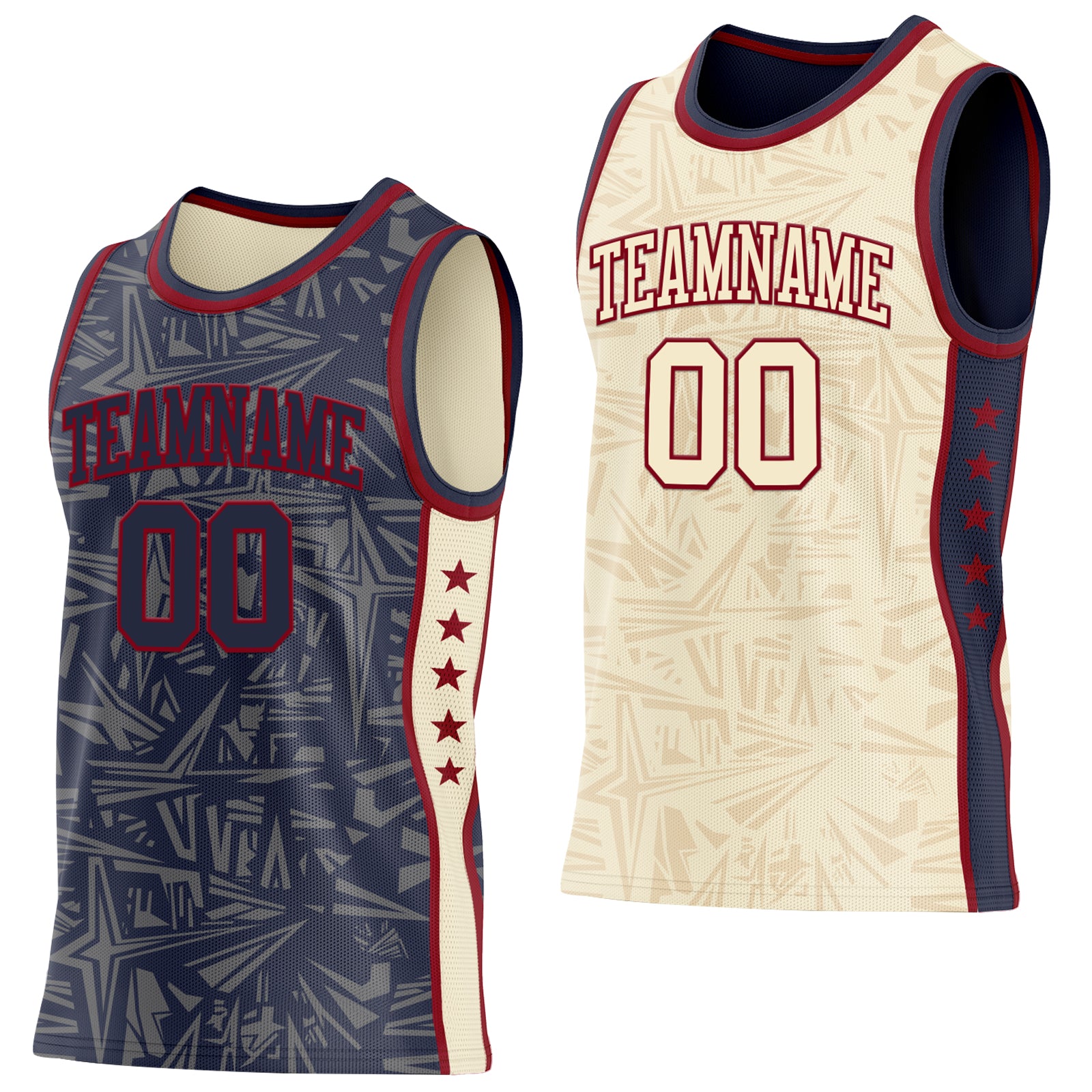 Custom Navy Maroon-Cream Side Panel Stripe Stars Geometric Shatter Starburst Reversible Double Side Sublimation Basketball Set Jersey
