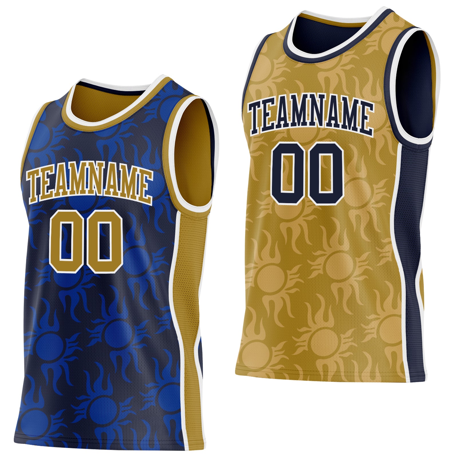 Custom Navy Old Gold-White Side Panel Stripe Sun Flame Reversible Double Side Sublimation Basketball Set Jersey