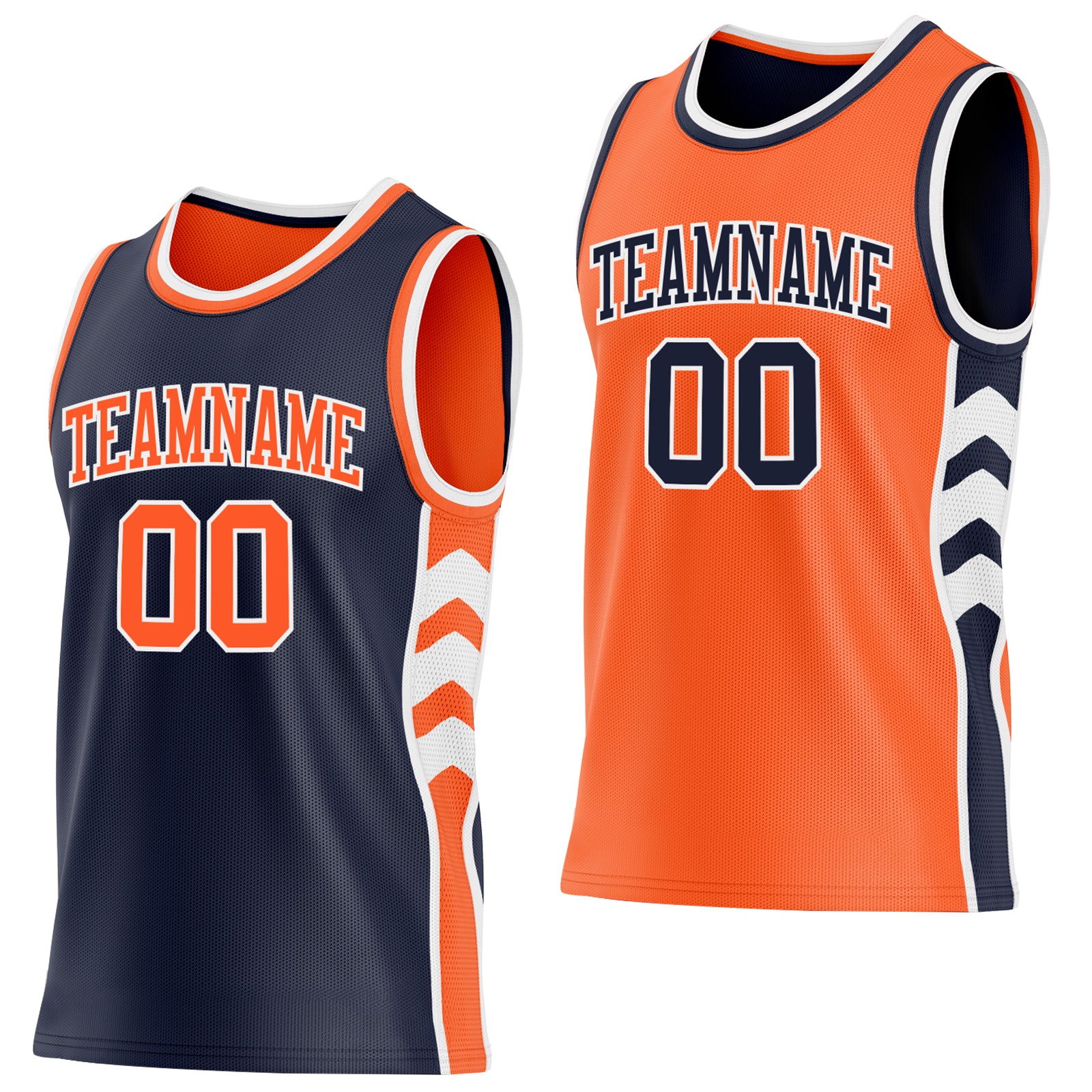 Custom Navy Orange-White Side Panel Geometric Chevron Reversible Double Side Sublimation Basketball Set Jersey