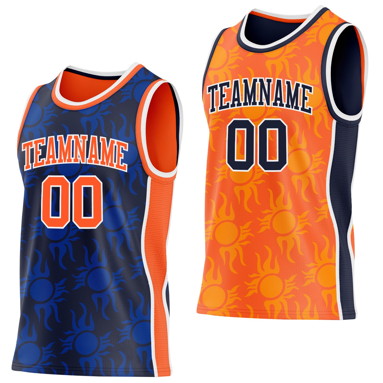 Custom Navy Orange-White Side Panel Stripe Sun Flame Reversible Double Side Sublimation Basketball Set Jersey