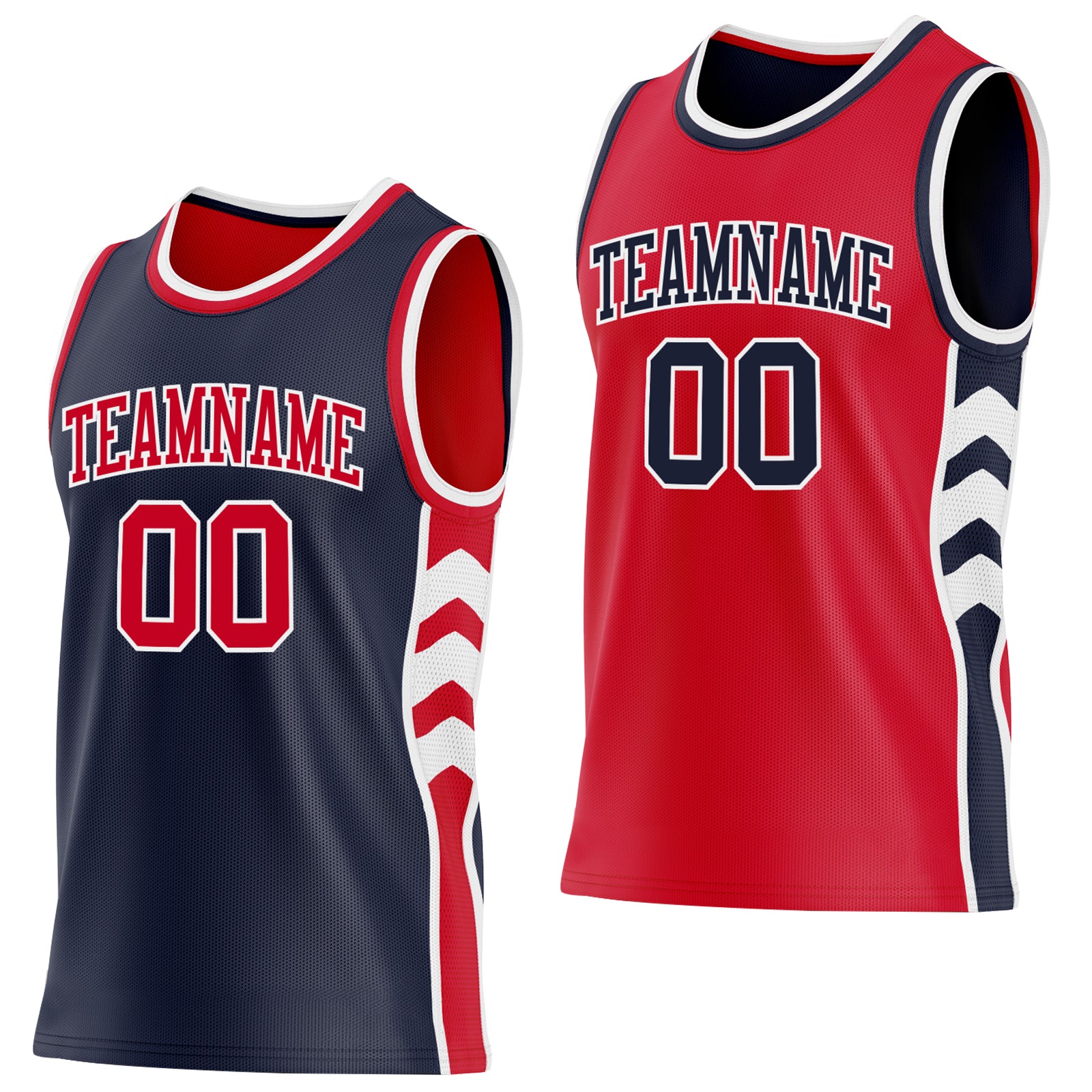 Custom Navy Red-White Side Panel Geometric Chevron Reversible Double Side Sublimation Basketball Set Jersey