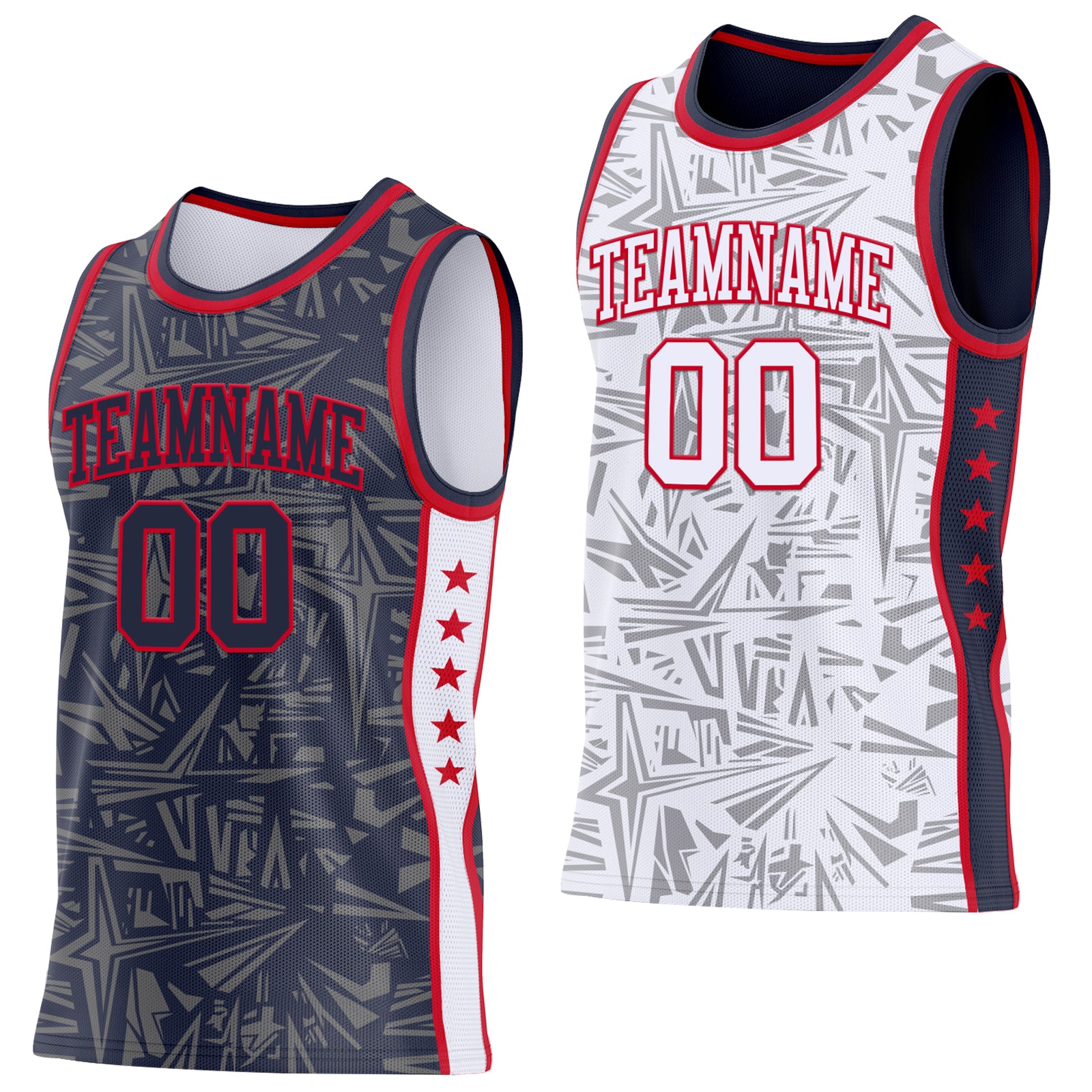Custom Navy Red-White Side Panel Stripe Stars Geometric Shatter Starburst Reversible Double Side Sublimation Basketball Set Jersey