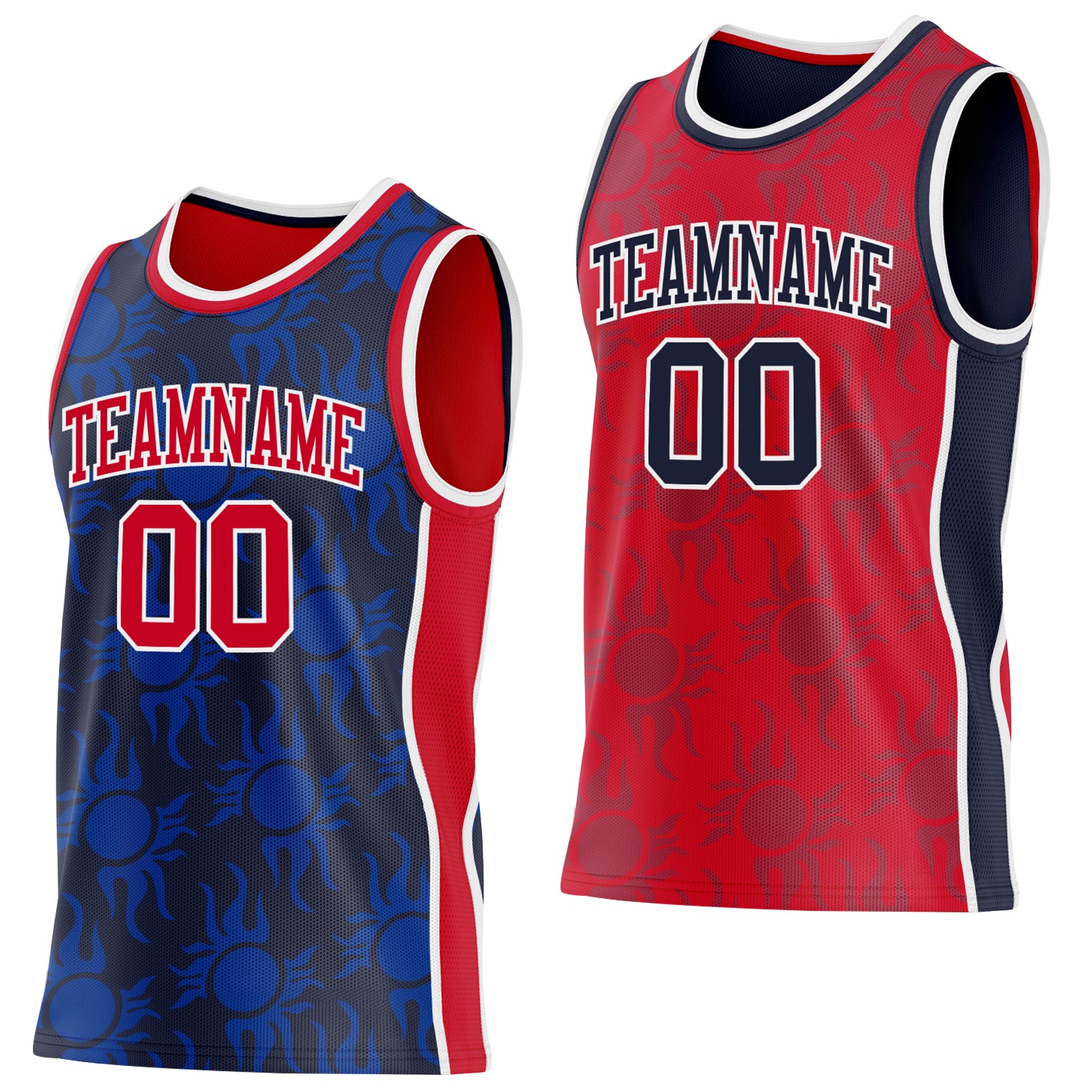 Custom Navy Red-White Side Panel Stripe Sun Flame Reversible Double Side Sublimation Basketball Set Jersey