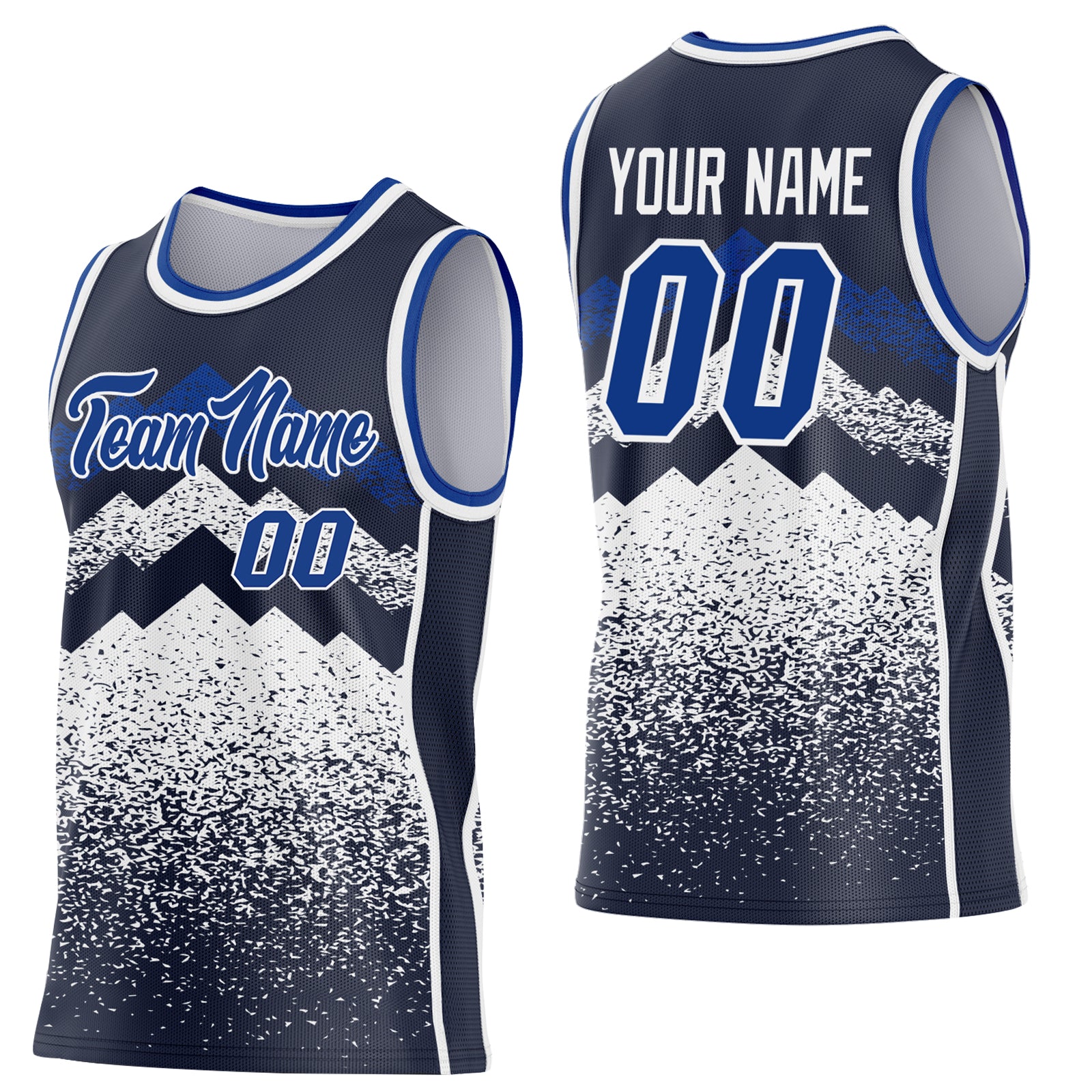 Custom Navy Royal-White Mountain Peak Shards Side Panel Stripe Round Neck Sublimation Basketball Set Jersey