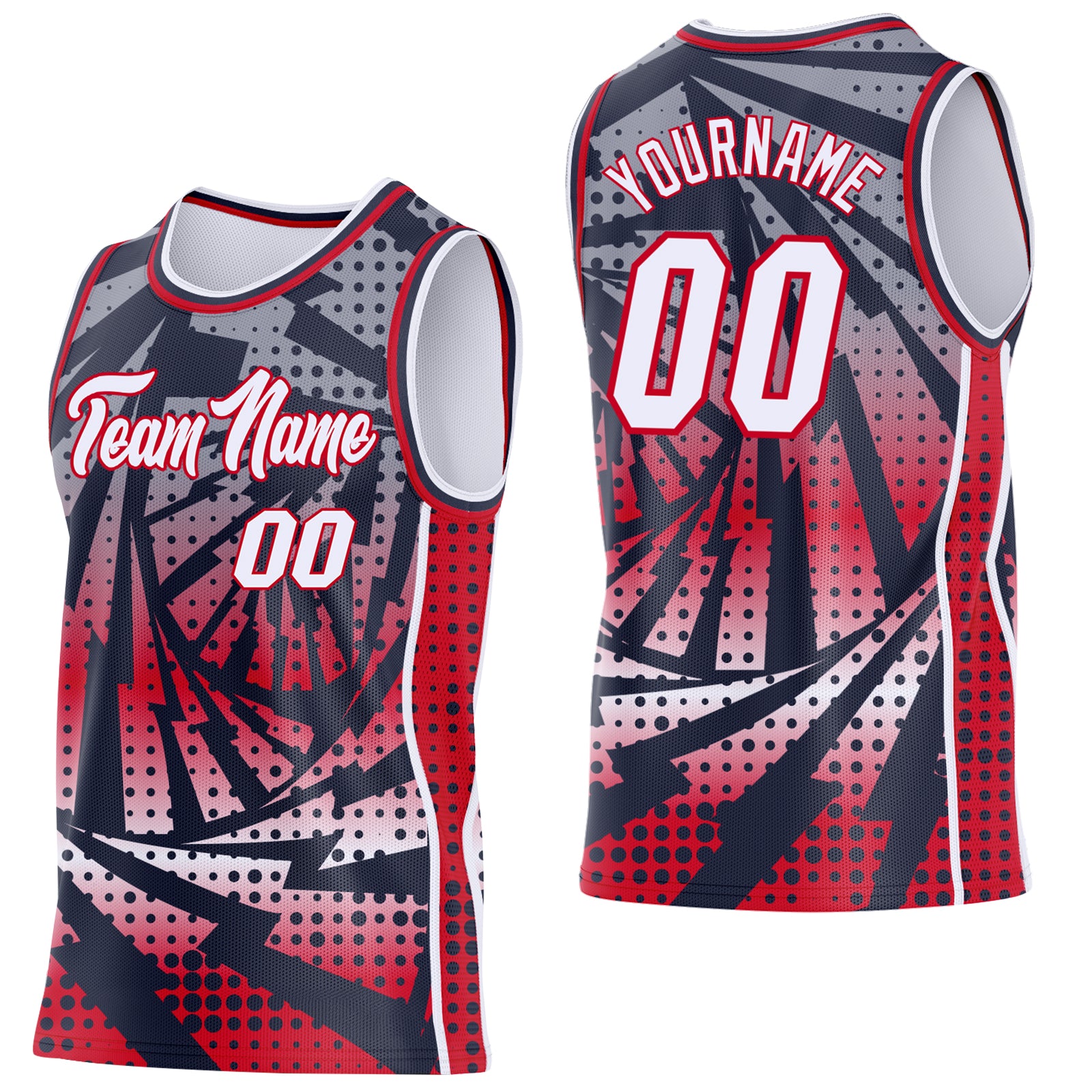 Custom Navy White-Red Lightning Gradient Dot Side Panel Stripe Round Neck Sublimation Basketball Set Jersey