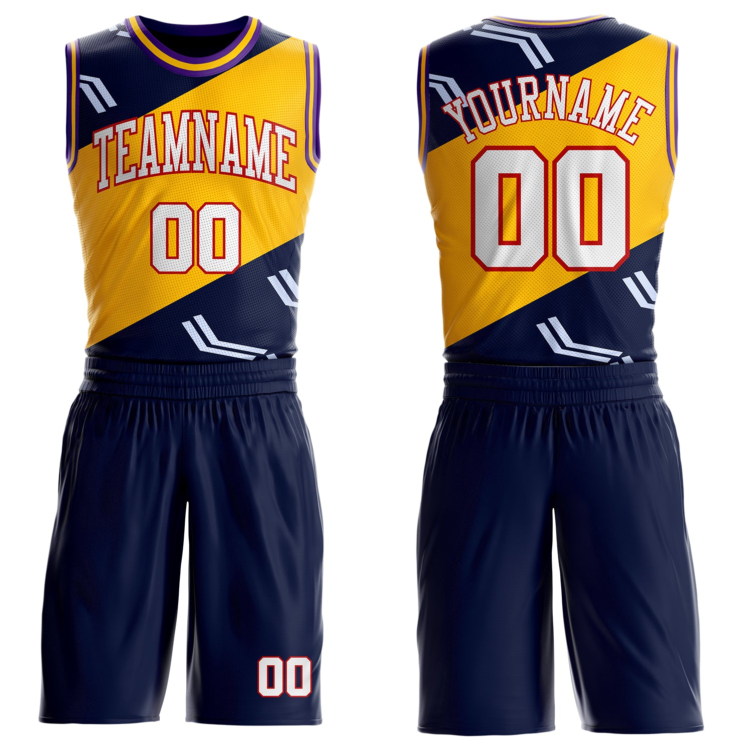 Custom Navy White Red Purple-Gold Diagonal Split Arrow Stripe Round Neck Sublimation Basketball Suit Jersey