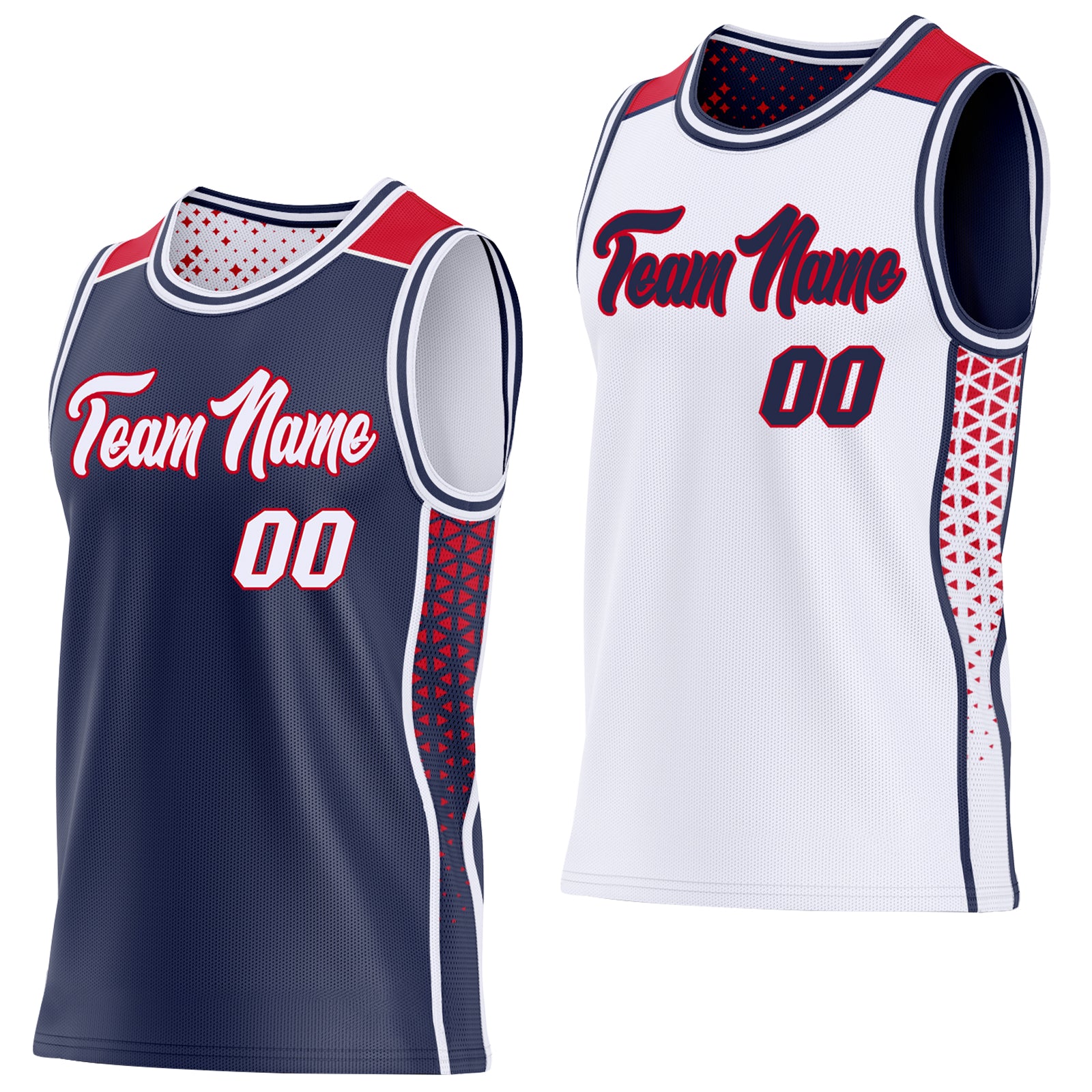 Custom Navy White-Red Side Panel Stripe Geometric Triangle Gradient Dot Reversible Double Side Sublimation Basketball Set Jersey