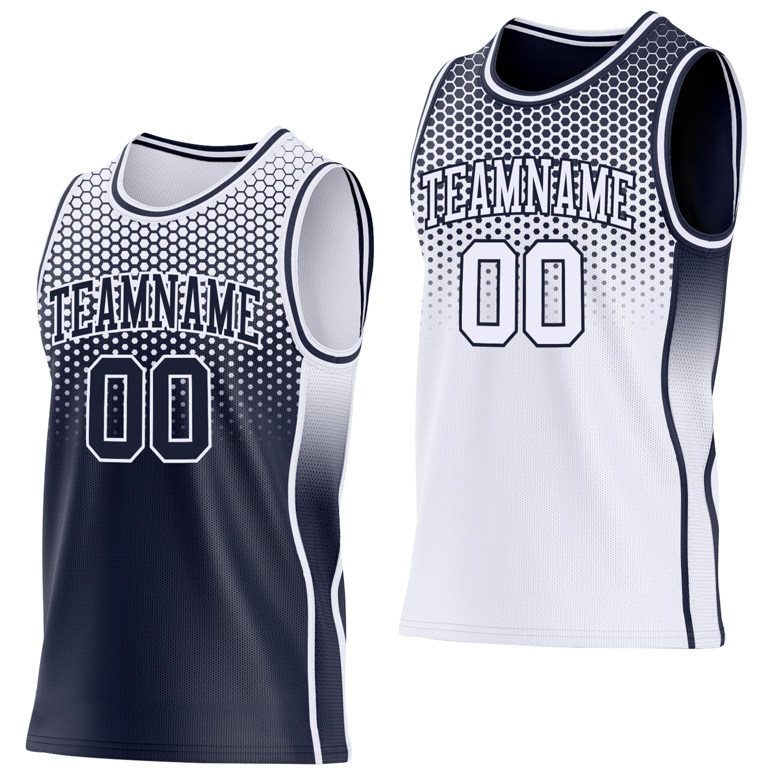 Custom Navy-White Side Panel Stripe Gradient Geometric Honeycomb Reversible Double Side Sublimation Basketball Set Jersey