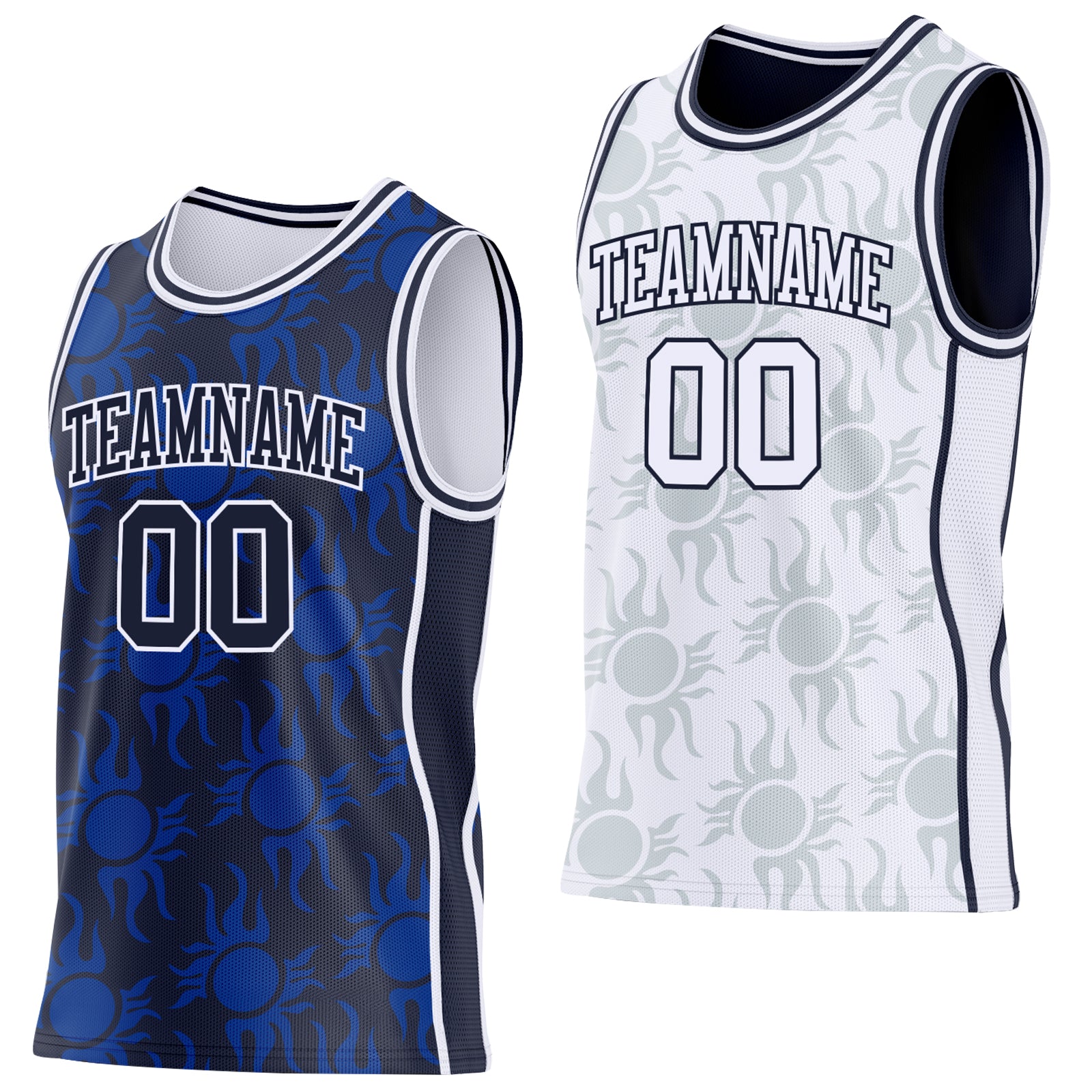 Custom Navy-White Side Panel Stripe Sun Flame Reversible Double Side Sublimation Basketball Set Jersey