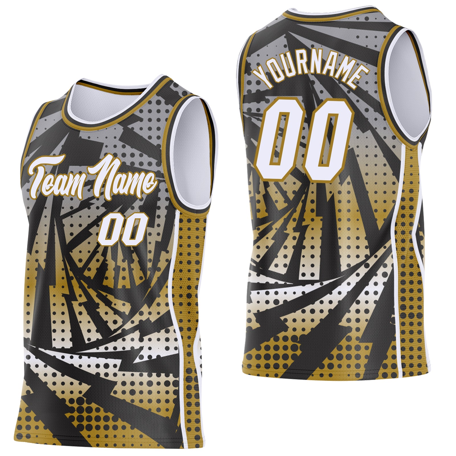 Custom Old Gold White-Black Lightning Gradient Dot Side Panel Stripe Round Neck Sublimation Basketball Set Jersey