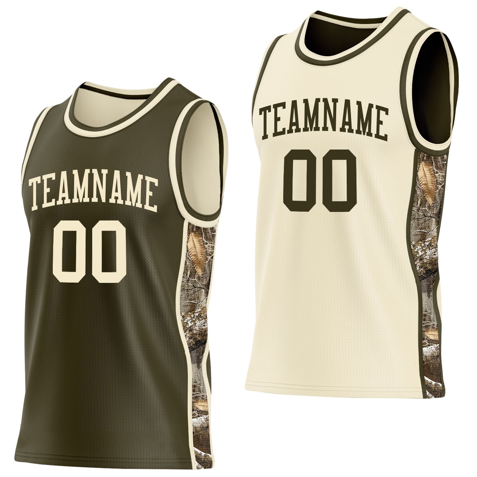 Custom Olive-Cream Woodland Camo Side Panel Stripe Reversible Double Side Sublimation Basketball Set Jersey