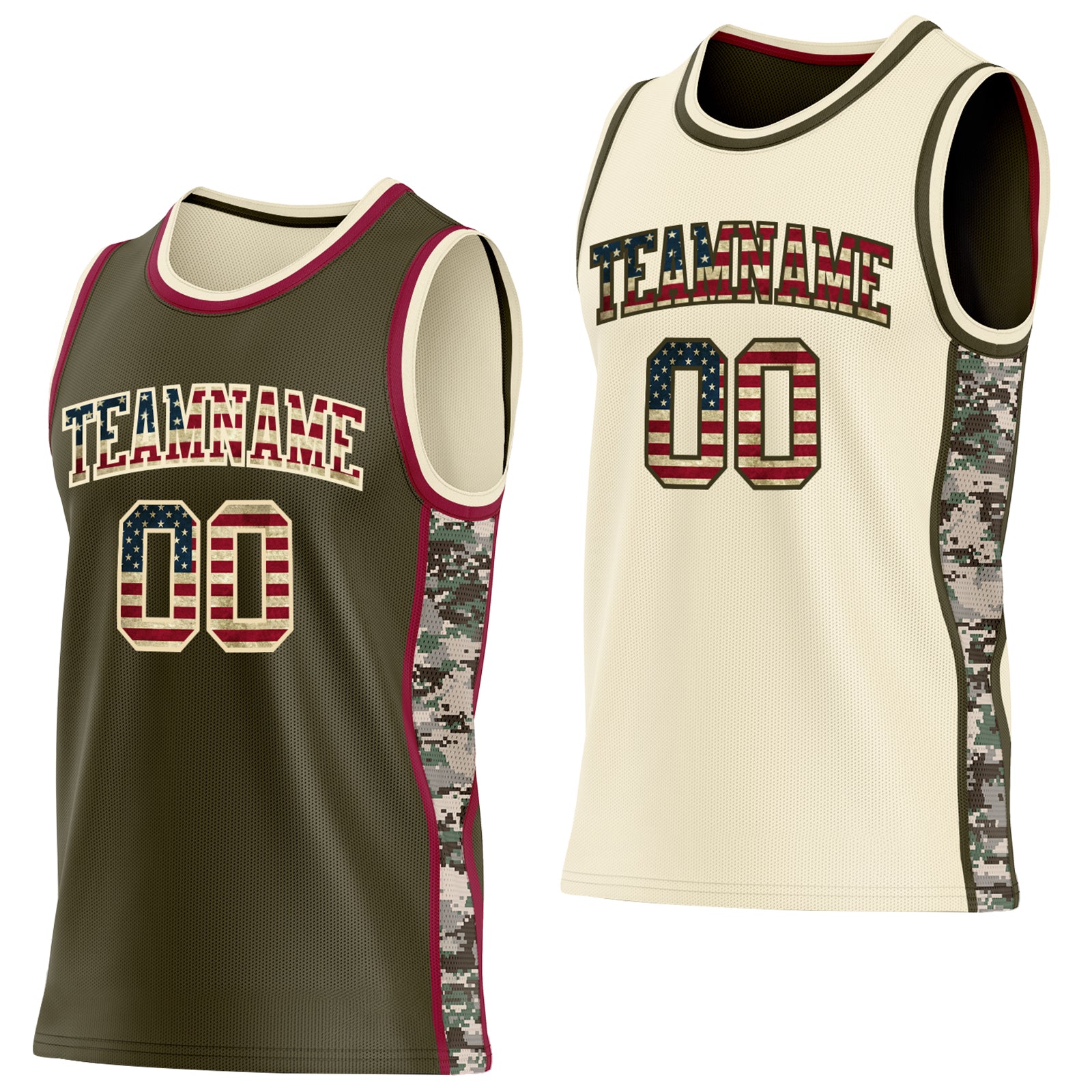 Custom Olive Vintage USA Flag Cream-Maroon Digital Camo Side Panel Stripe Reversible Double Side Sublimation Basketball Set Jersey