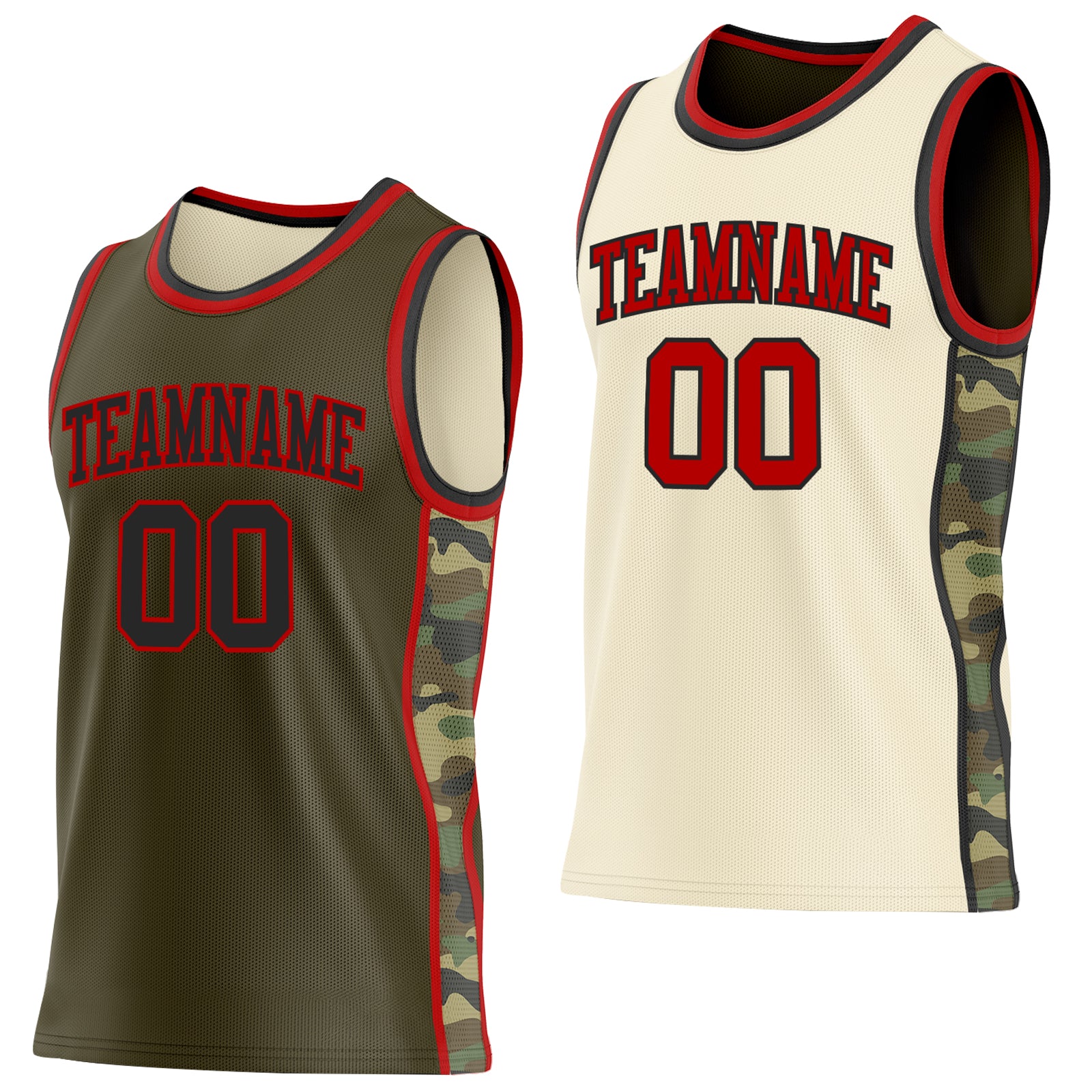 Custom Olive(Cream) Black-Red Camo Side Panel Stripe Reversible Double Side Sublimation Basketball Set Jersey
