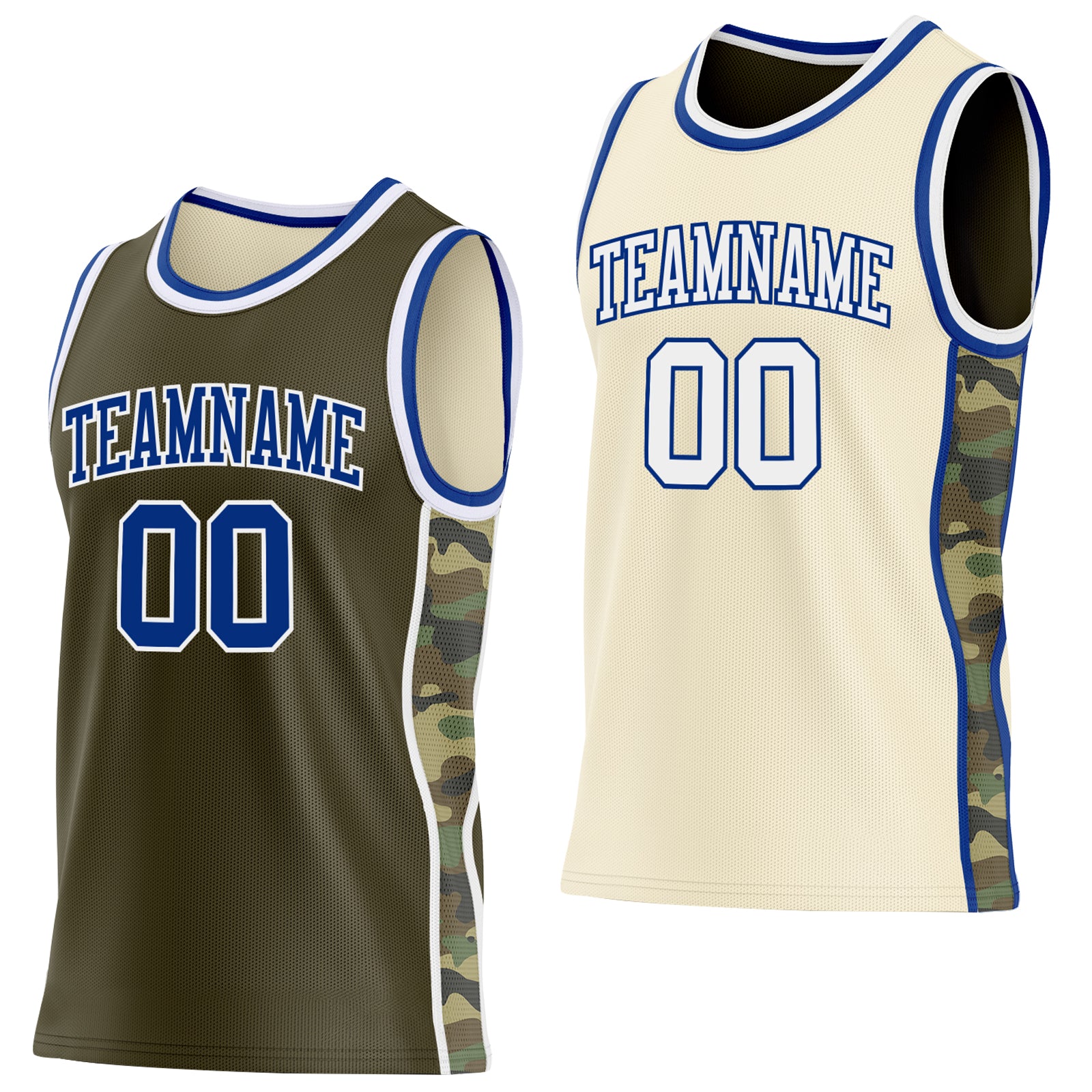 Custom Olive(Cream) Royal-White Camo Side Panel Stripe Reversible Double Side Sublimation Basketball Set Jersey