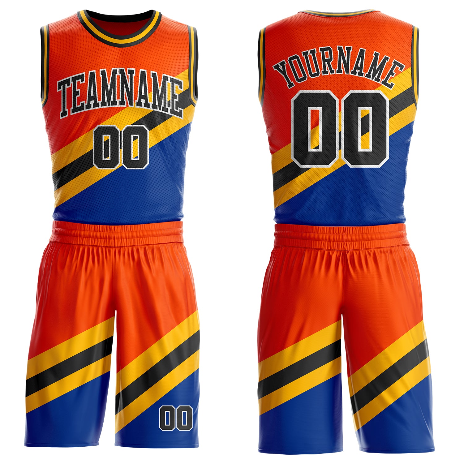 Custom Orange Black Gold Royal-White Geometric Stripe Round Neck Sublimation Basketball Suit Jersey