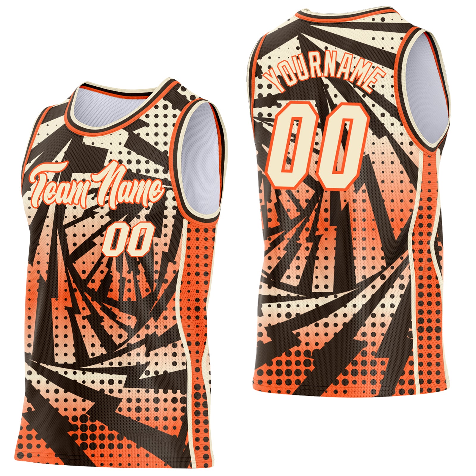 Custom Orange Cream-Brown Lightning Gradient Dot Side Panel Stripe Round Neck Sublimation Basketball Set Jersey