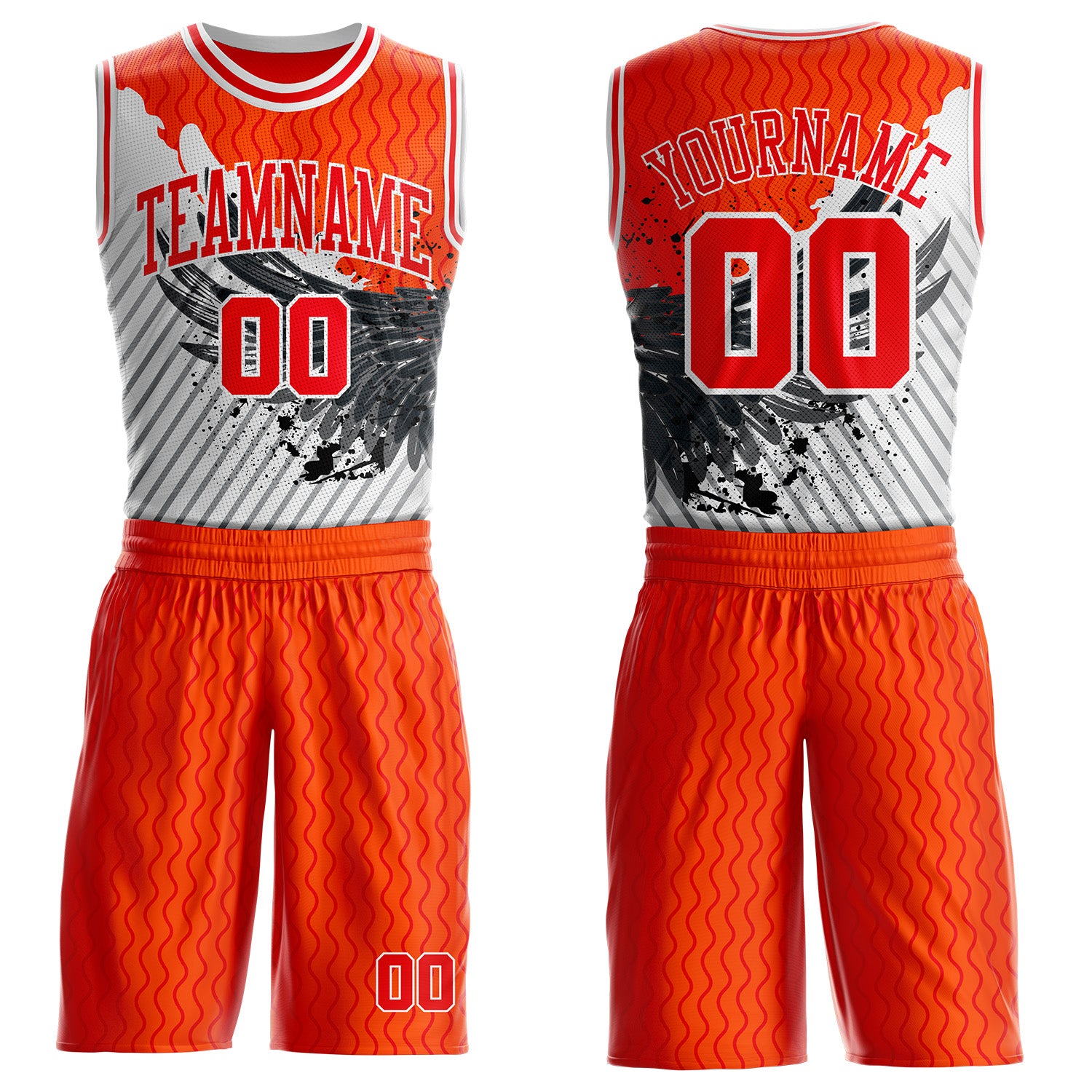 Custom Orange Fire Red Gray-White Wing Splash Ink Wave Boho Style Round Neck Sublimation Basketball Uniform Jersey