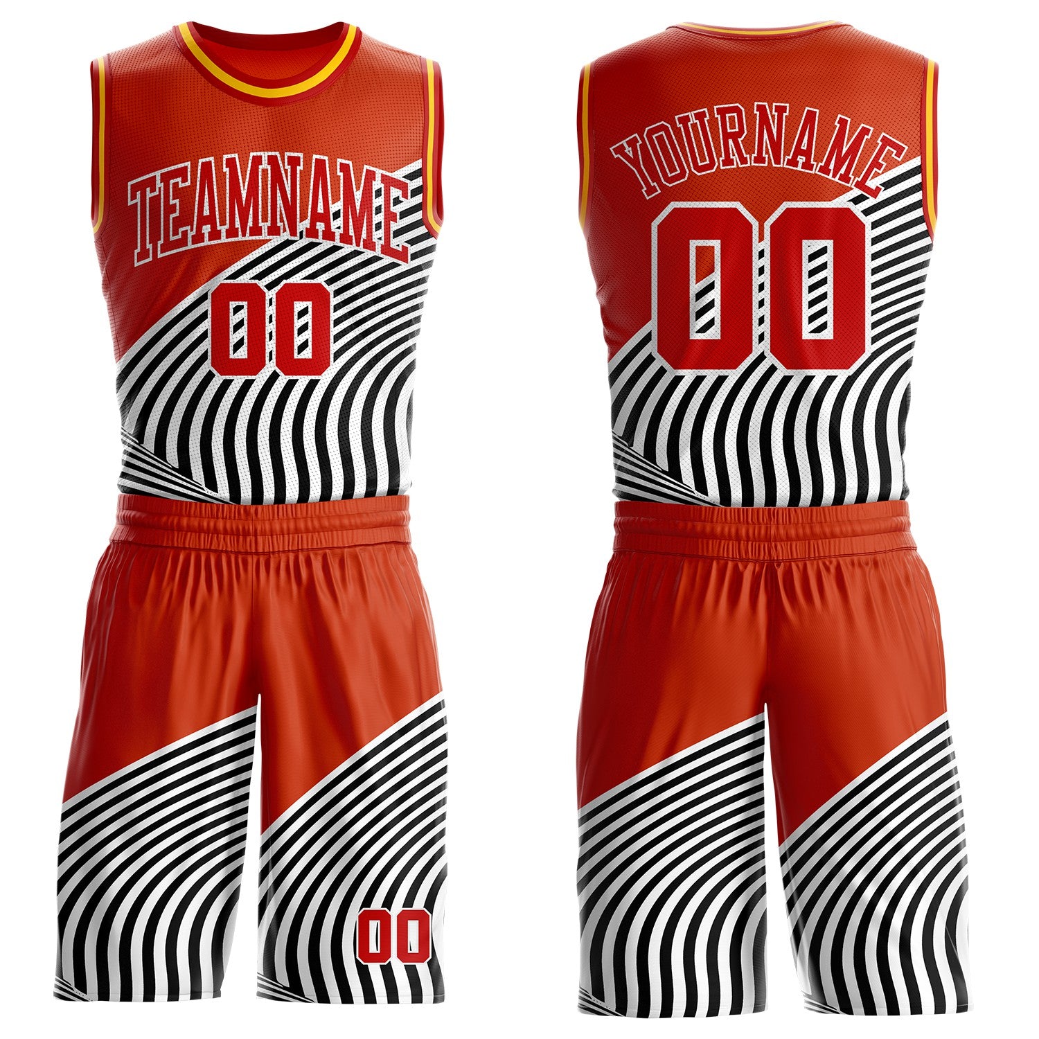Custom Orange Red Black White-Gold Wave Stripe Round Neck Sublimation Basketball Suit Jersey