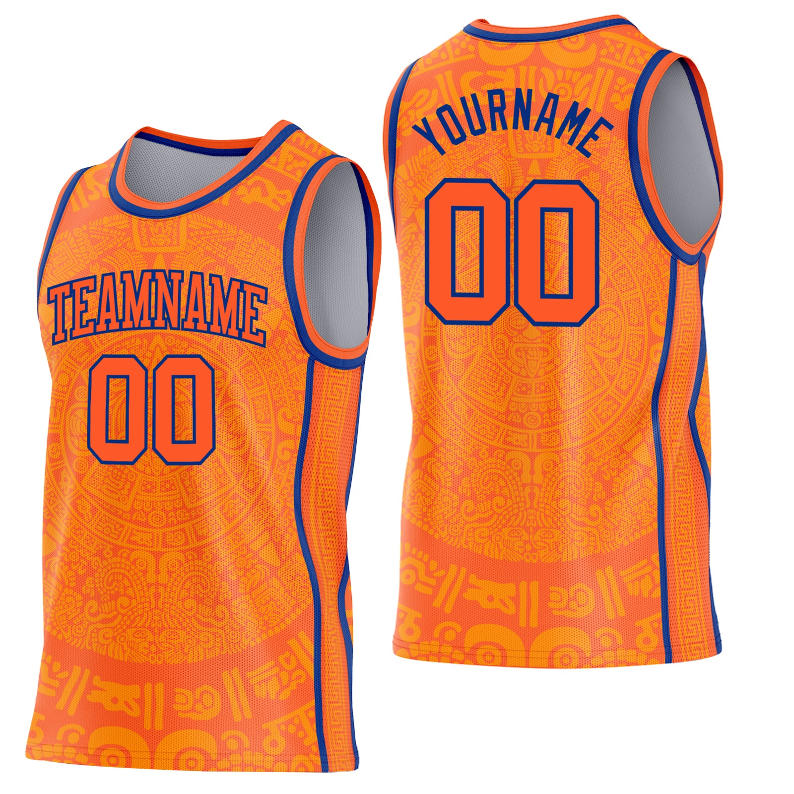 Custom Orange-Royal Tribal Ethnic Aztec Sun Stone Side Panel Stripe Round Neck Sublimation Basketball Set Jersey