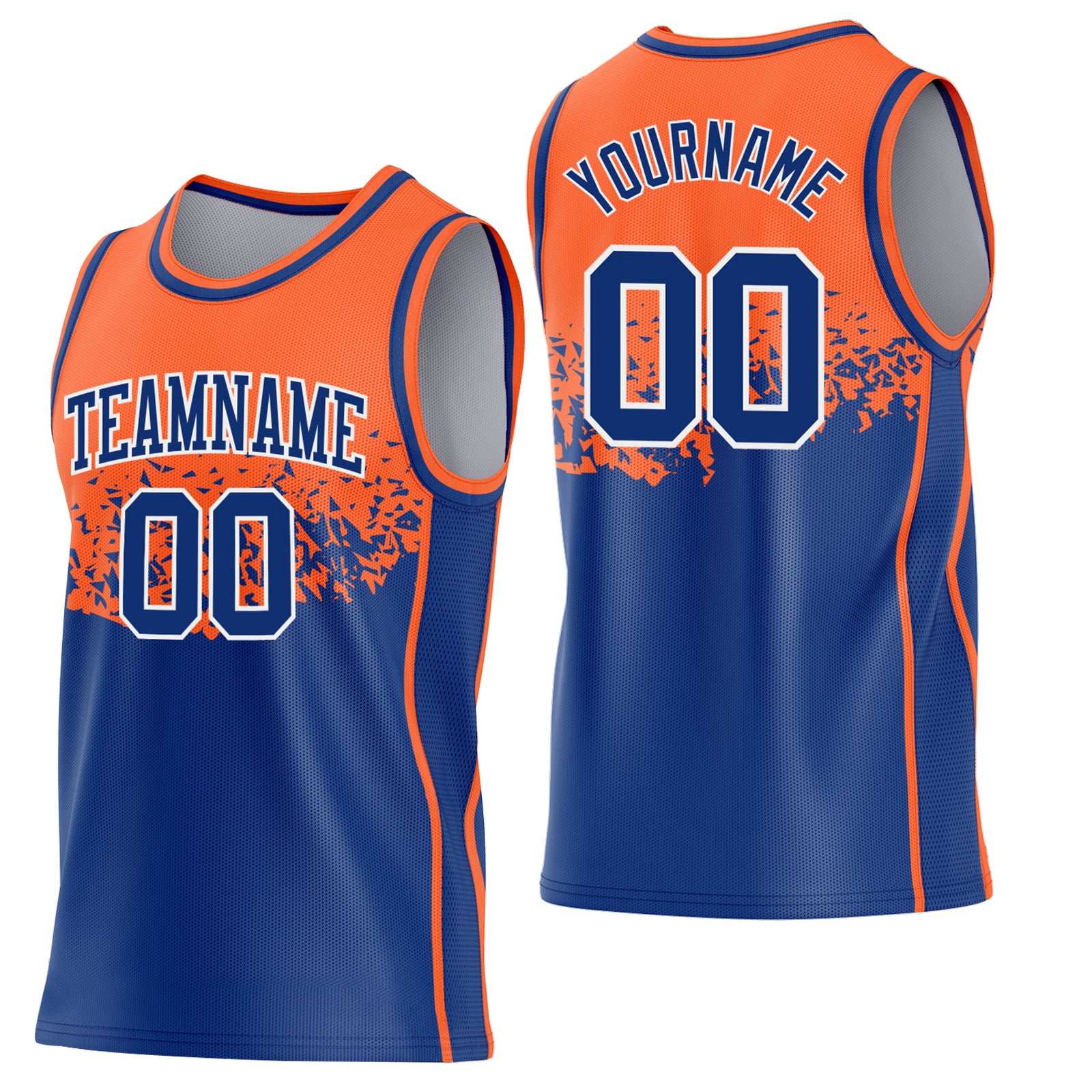 Custom Orange Royal-White Shattered Geometric Side Panel Stripe Round Neck Sublimation Basketball Set Jersey