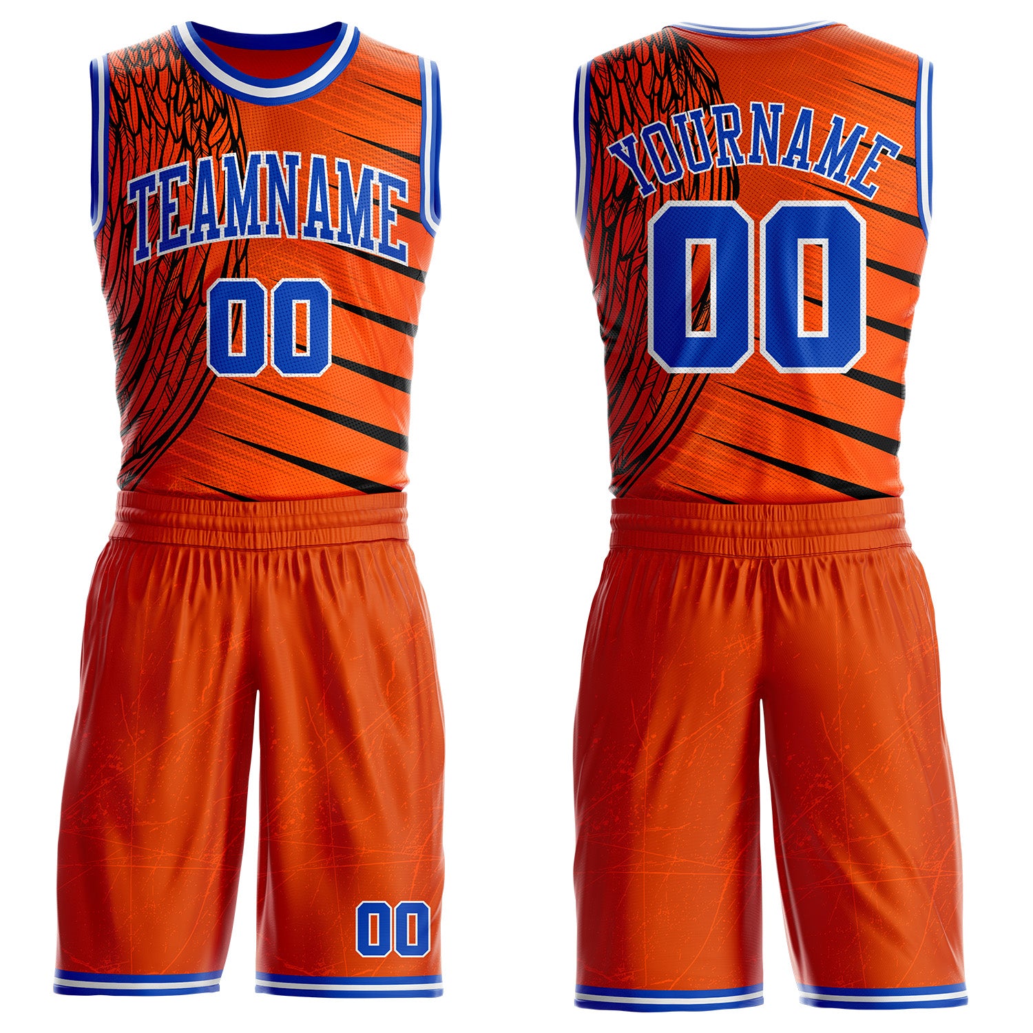 Custom Orange Thunder Blue-White Wing Stripe Boho Style Round Neck Sublimation Basketball Uniform Jersey