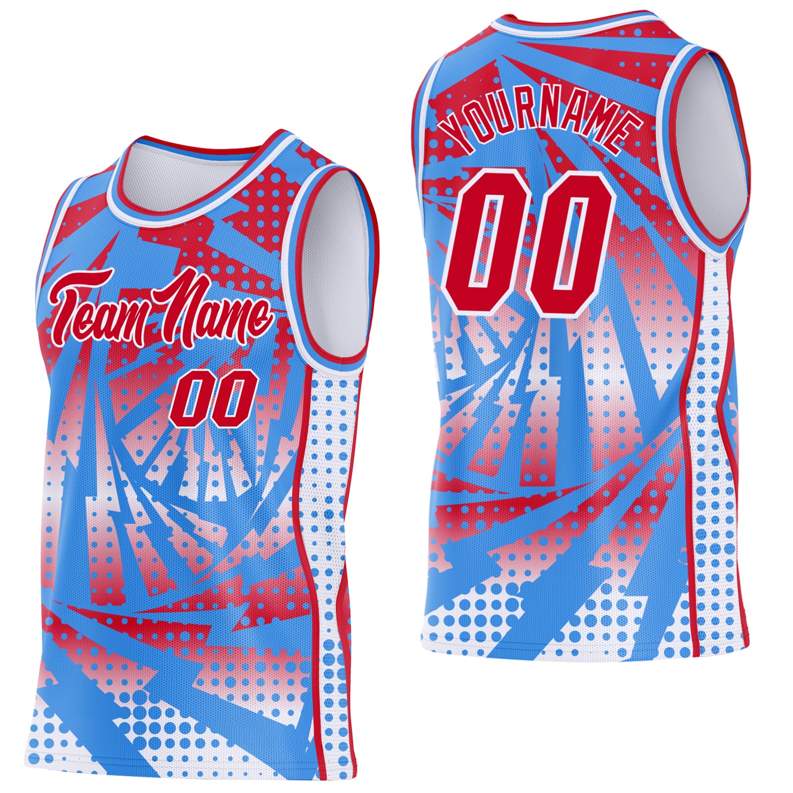 Custom Powder Blue Red-White Lightning Gradient Dot Side Panel Stripe Round Neck Sublimation Basketball Set Jersey