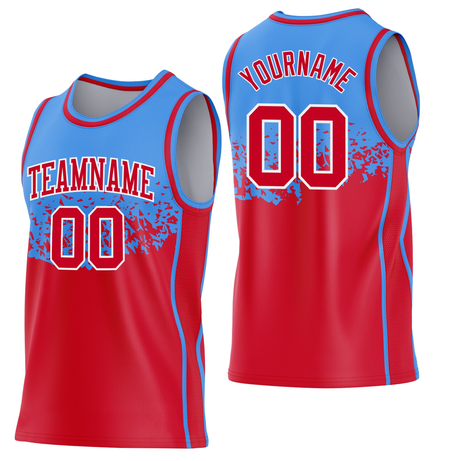 Custom Powder Blue Red-White Shattered Geometric Side Panel Stripe Round Neck Sublimation Basketball Set Jersey