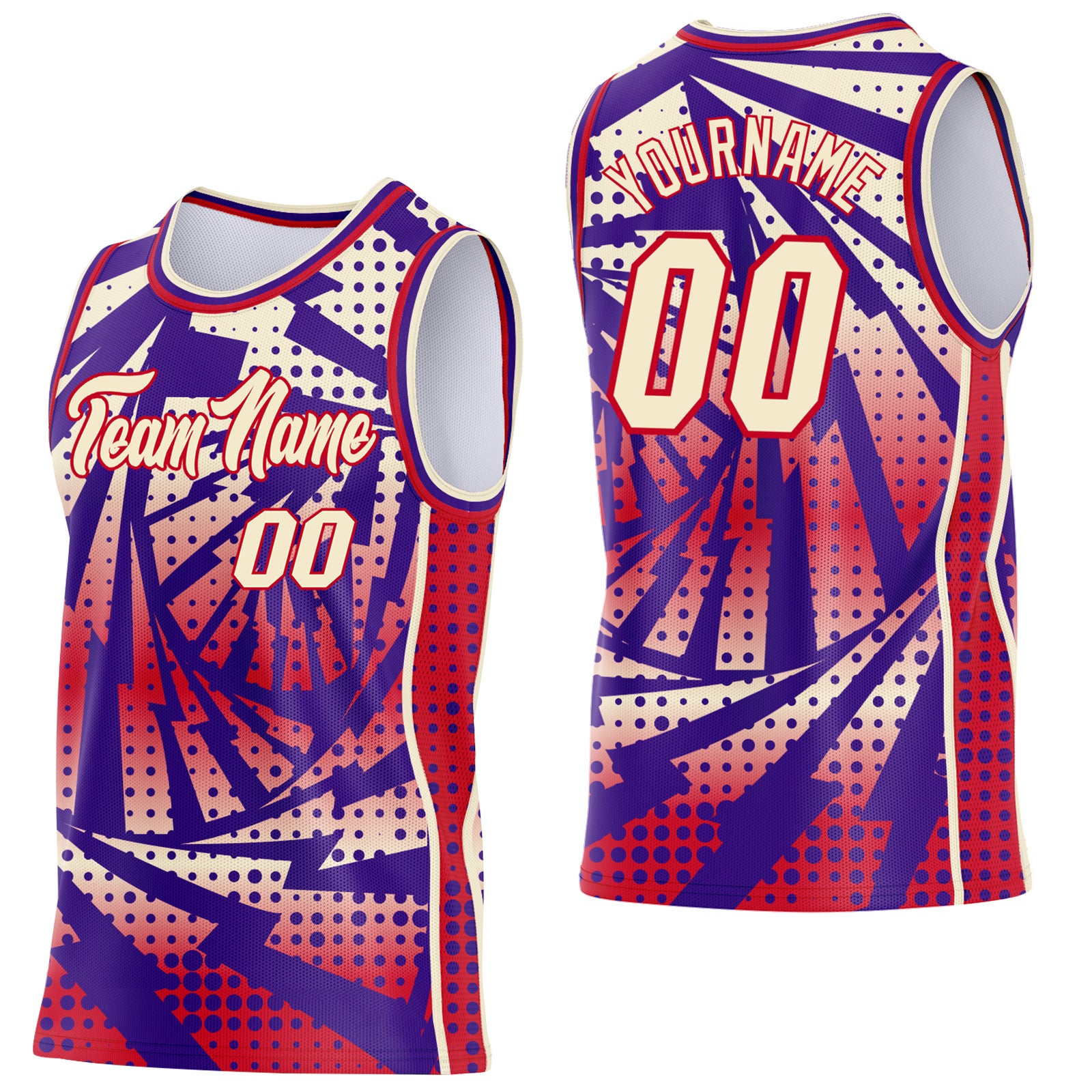 Custom Purple Cream-Red Lightning Gradient Dot Side Panel Stripe Round Neck Sublimation Basketball Set Jersey