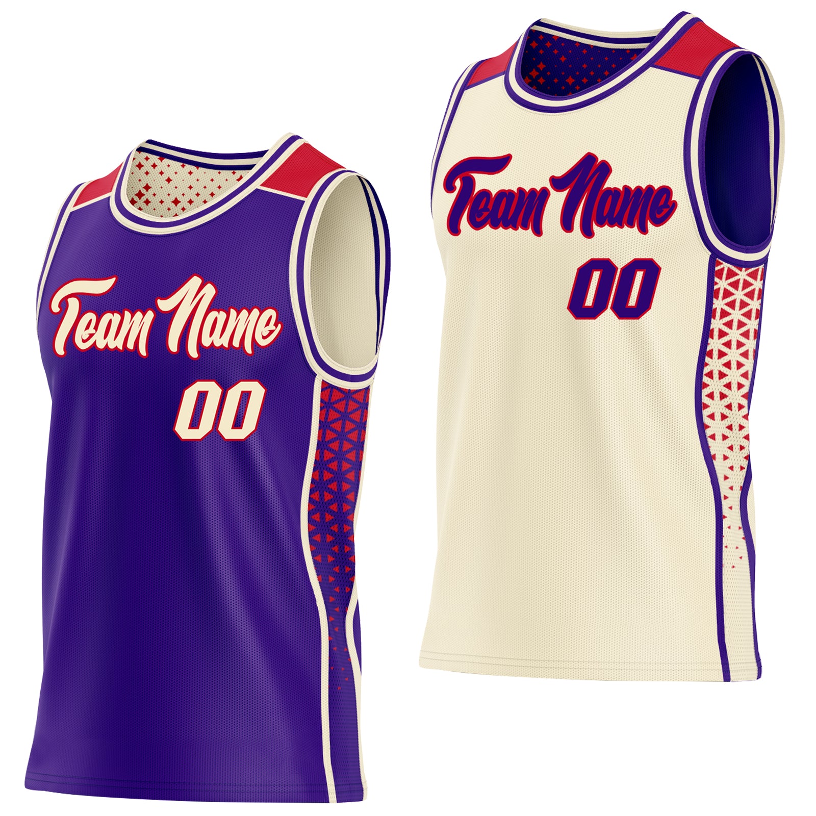 Custom Purple Cream-Red Side Panel Stripe Geometric Triangle Gradient Dot Reversible Double Side Sublimation Basketball Set Jersey