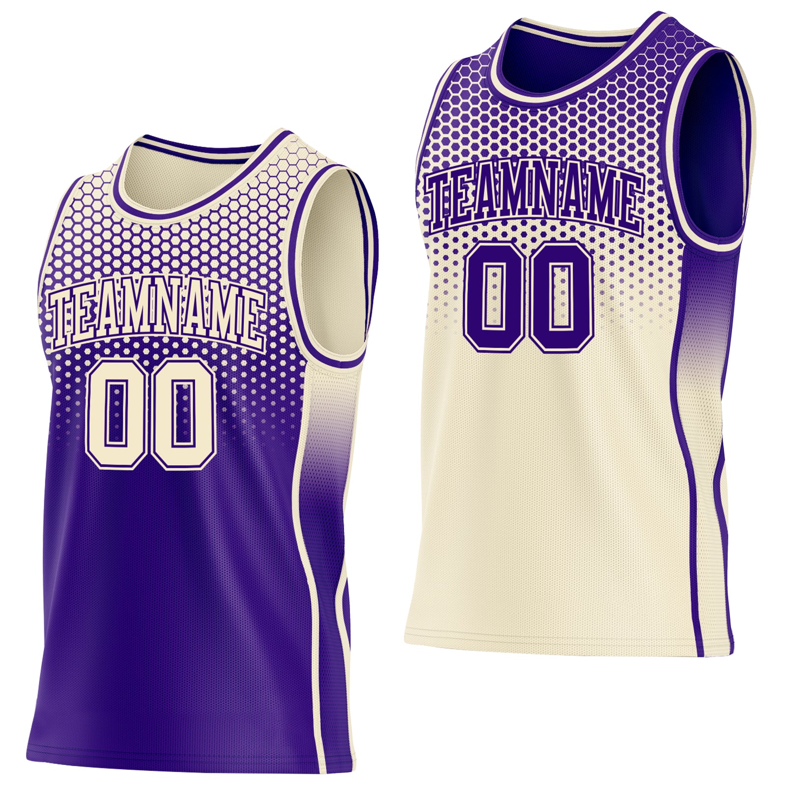 Custom Purple-Cream Side Panel Stripe Gradient Geometric Honeycomb Reversible Double Side Sublimation Basketball Set Jersey