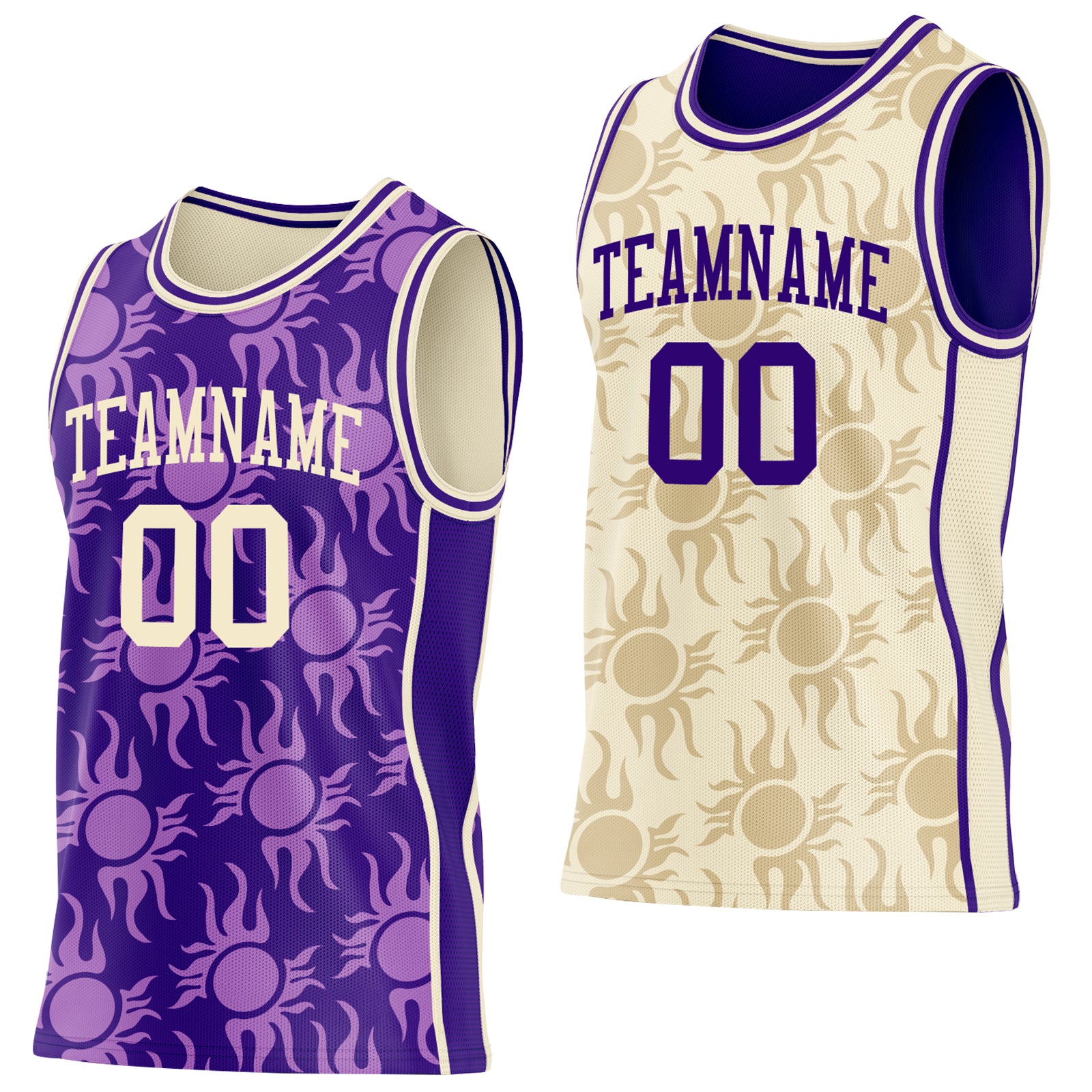 Custom Purple-Cream Side Panel Stripe Sun Flame Reversible Double Side Sublimation Basketball Set Jersey