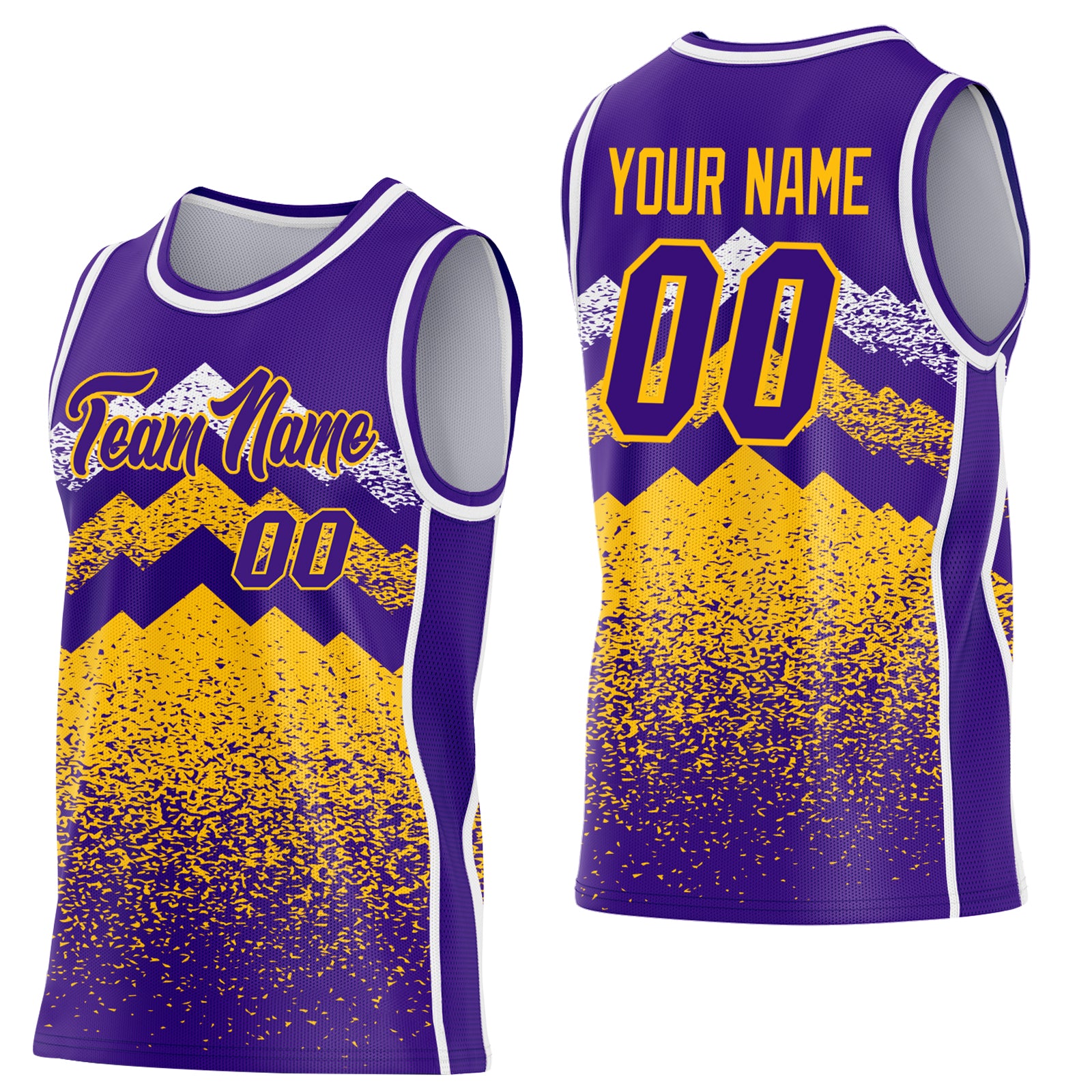 Custom Purple Gold-White Mountain Peak Shards Side Panel Stripe Round Neck Sublimation Basketball Set Jersey